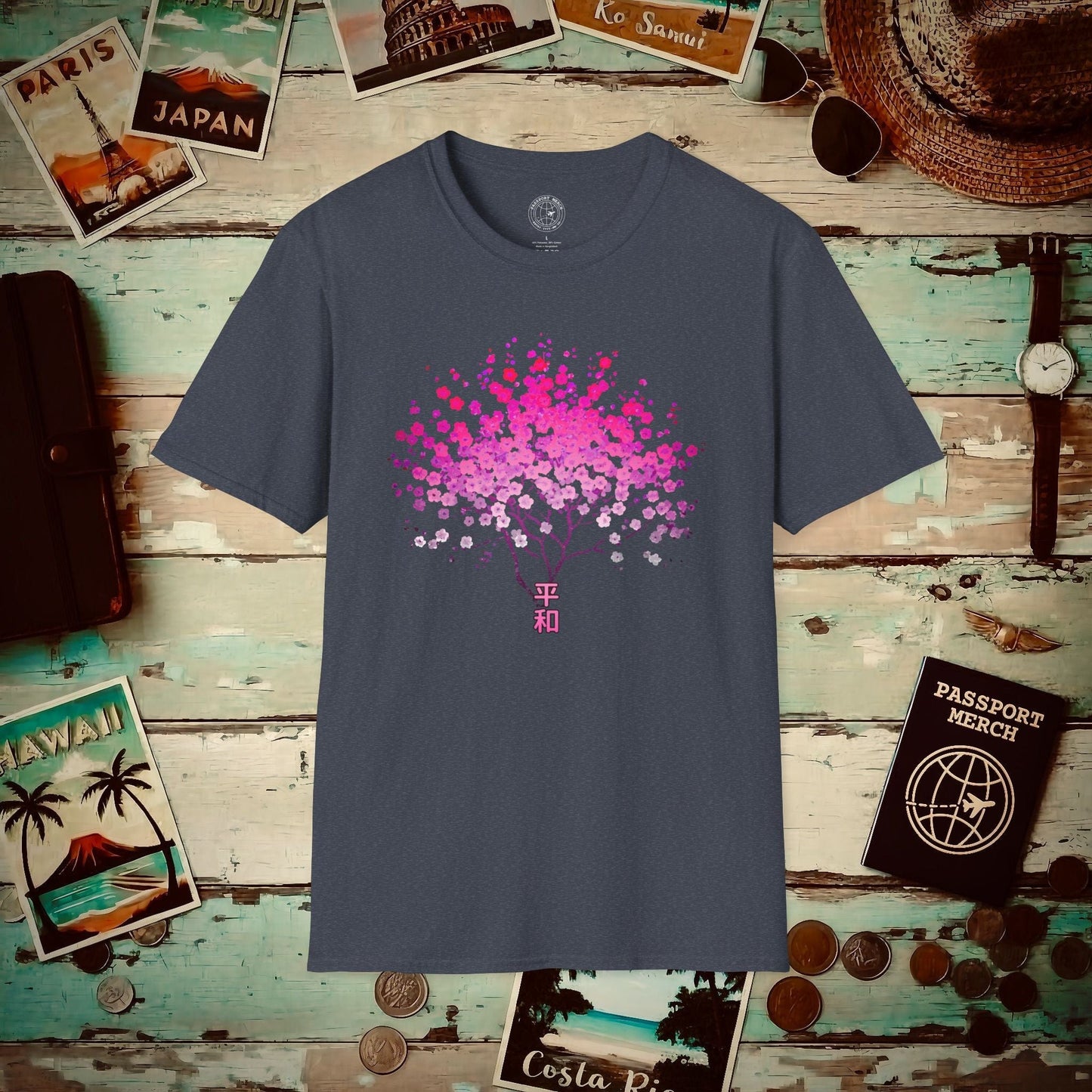 Cherry Blossoms Growing from Peace Japan T-Shirt Heather Navy / S