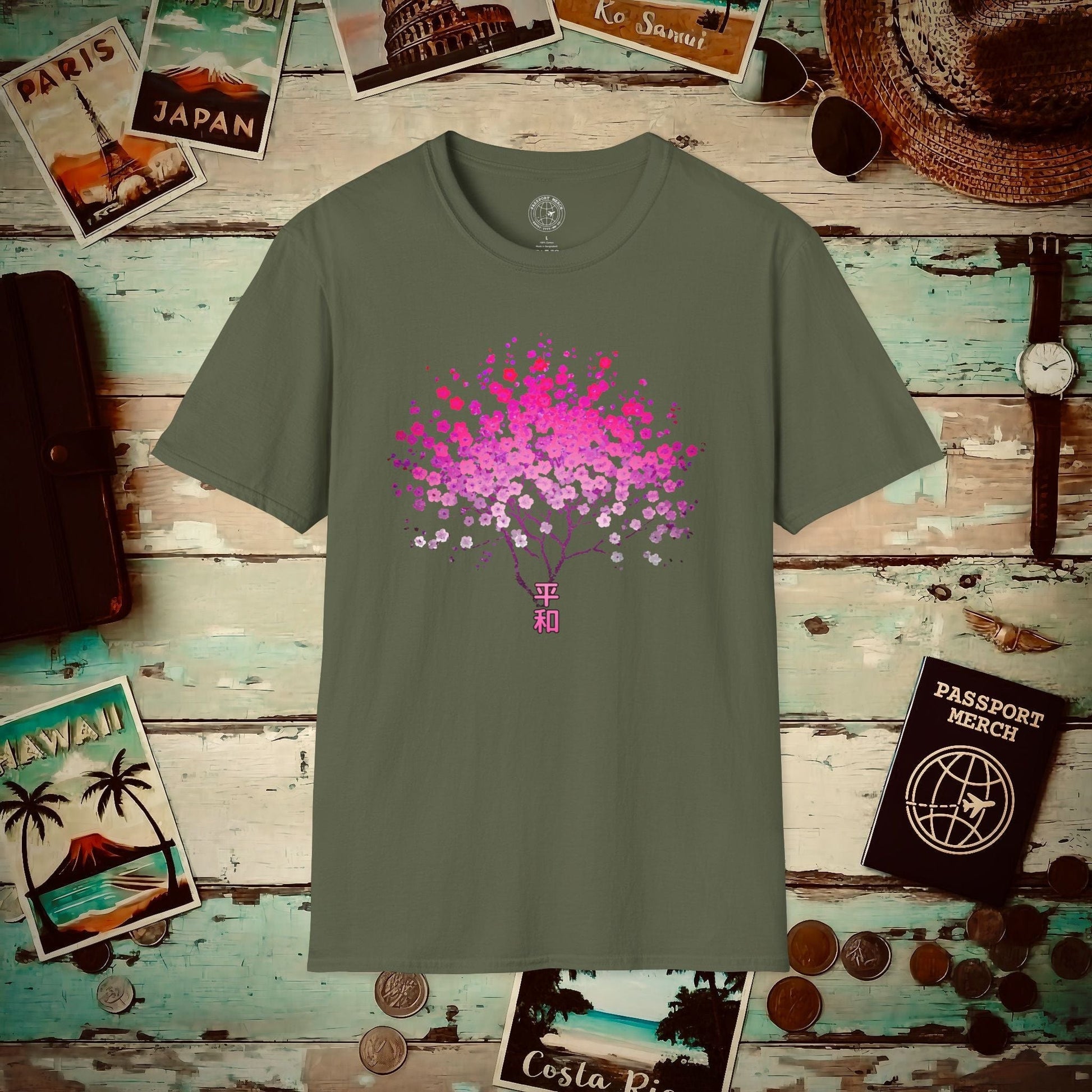 Cherry Blossoms Growing from Peace Japan T-Shirt Military Green / S