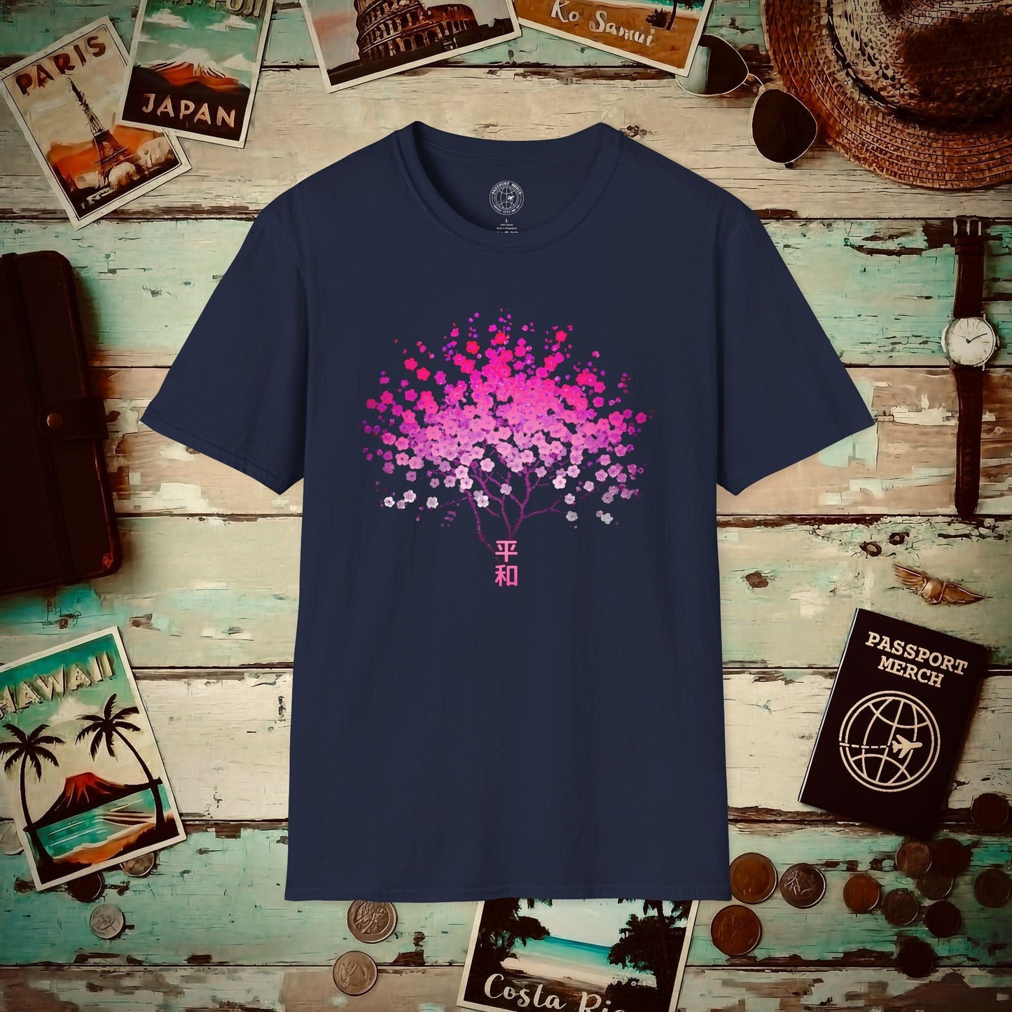 Cherry Blossoms Growing from Peace Japan T-Shirt Navy / S