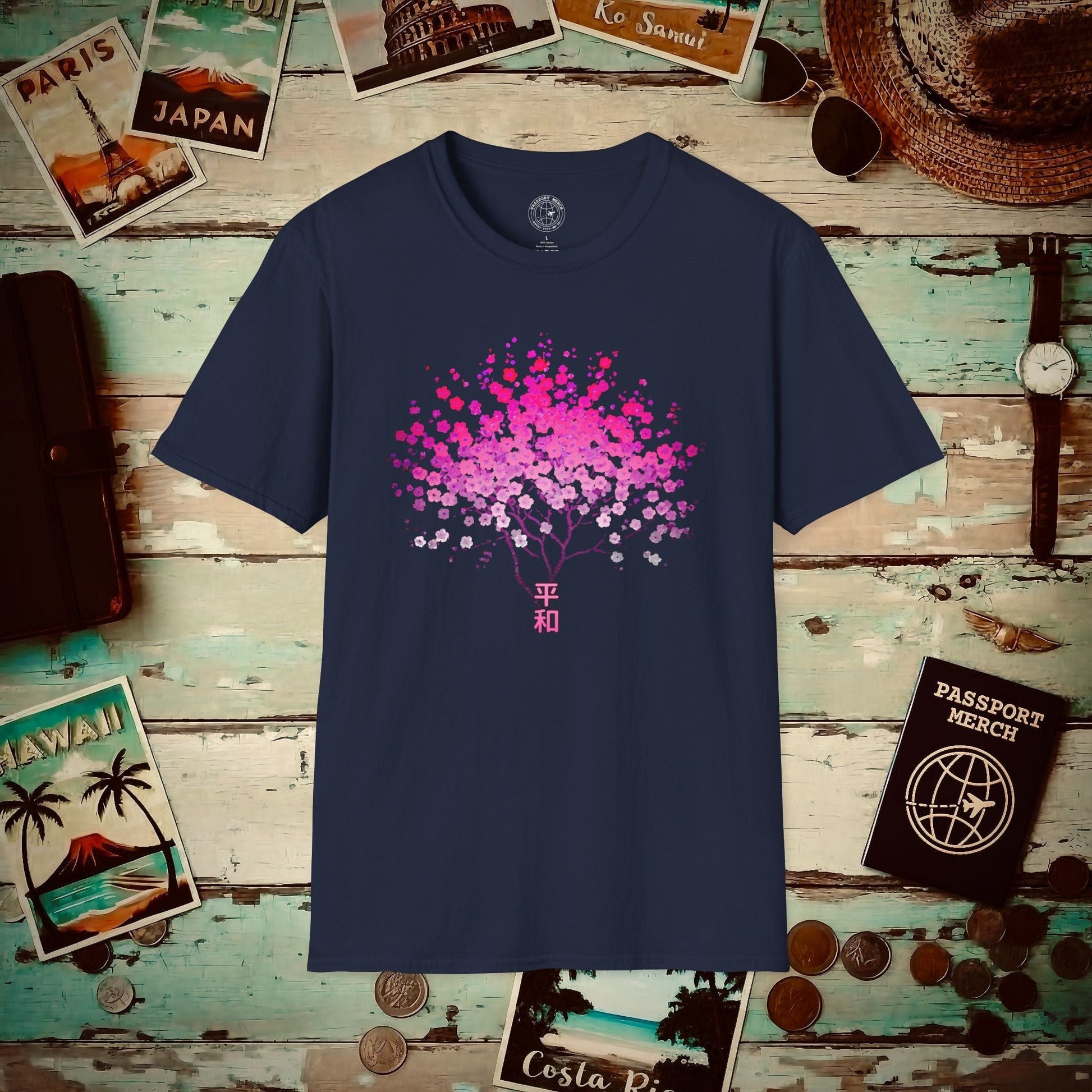 Cherry Blossoms Growing from Peace Japan T-Shirt Navy / S