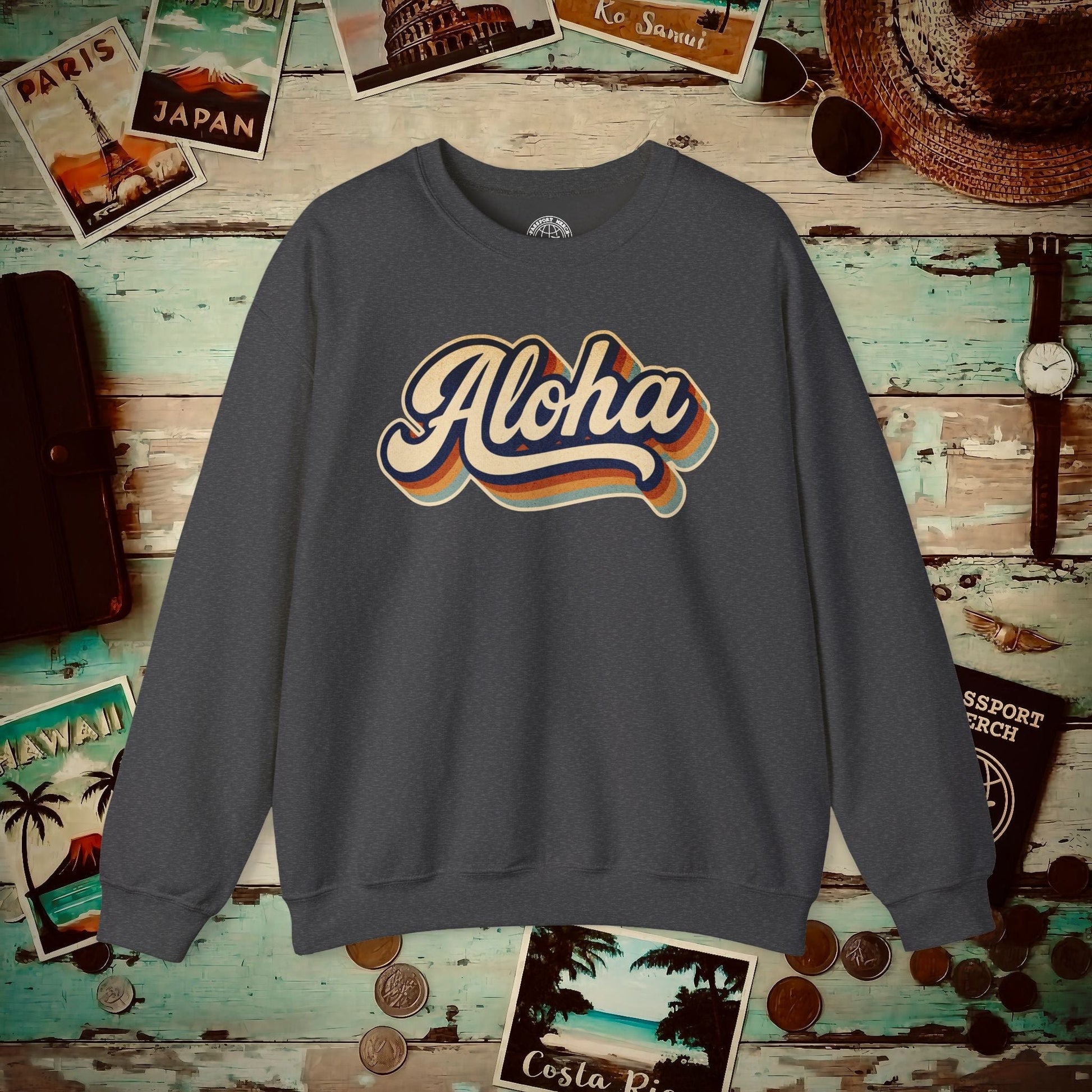 Classic 70s, Aloha, Hawaii Crewneck Dark Heather / S