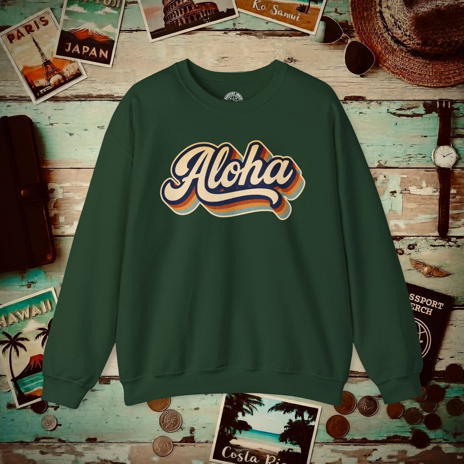 Classic 70s, Aloha, Hawaii Crewneck Forest Green / S