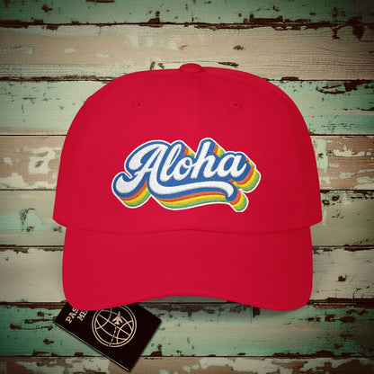 Classic 70s, Aloha, Hawaii Embroidered Hat Cranberry / One size