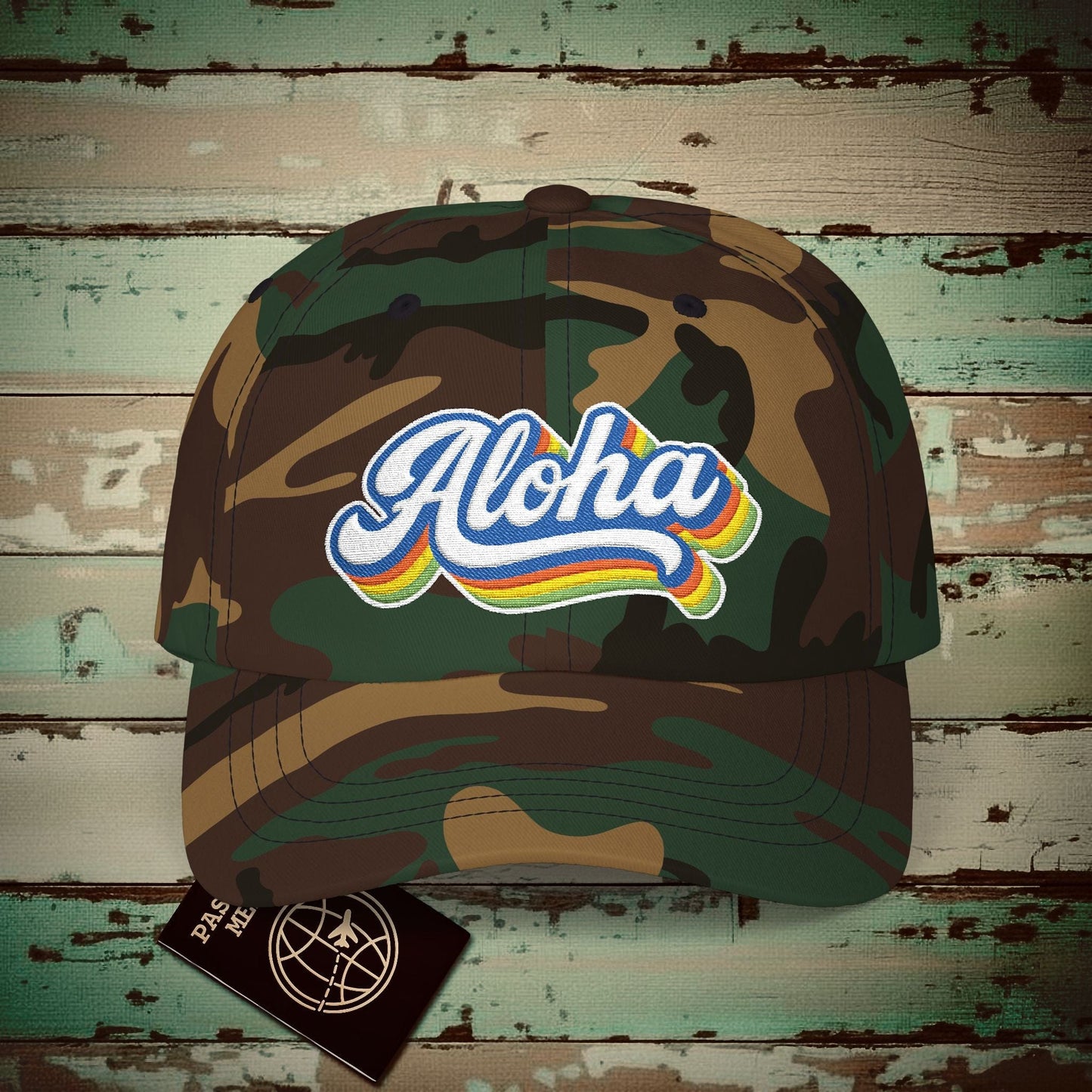 Classic 70s, Aloha, Hawaii Embroidered Hat Green Camo / One size