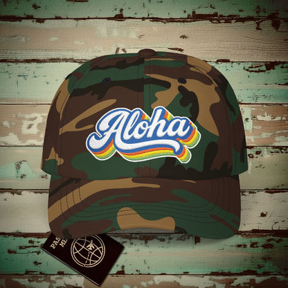 Classic 70s, Aloha, Hawaii Embroidered Hat Green Camo / One size