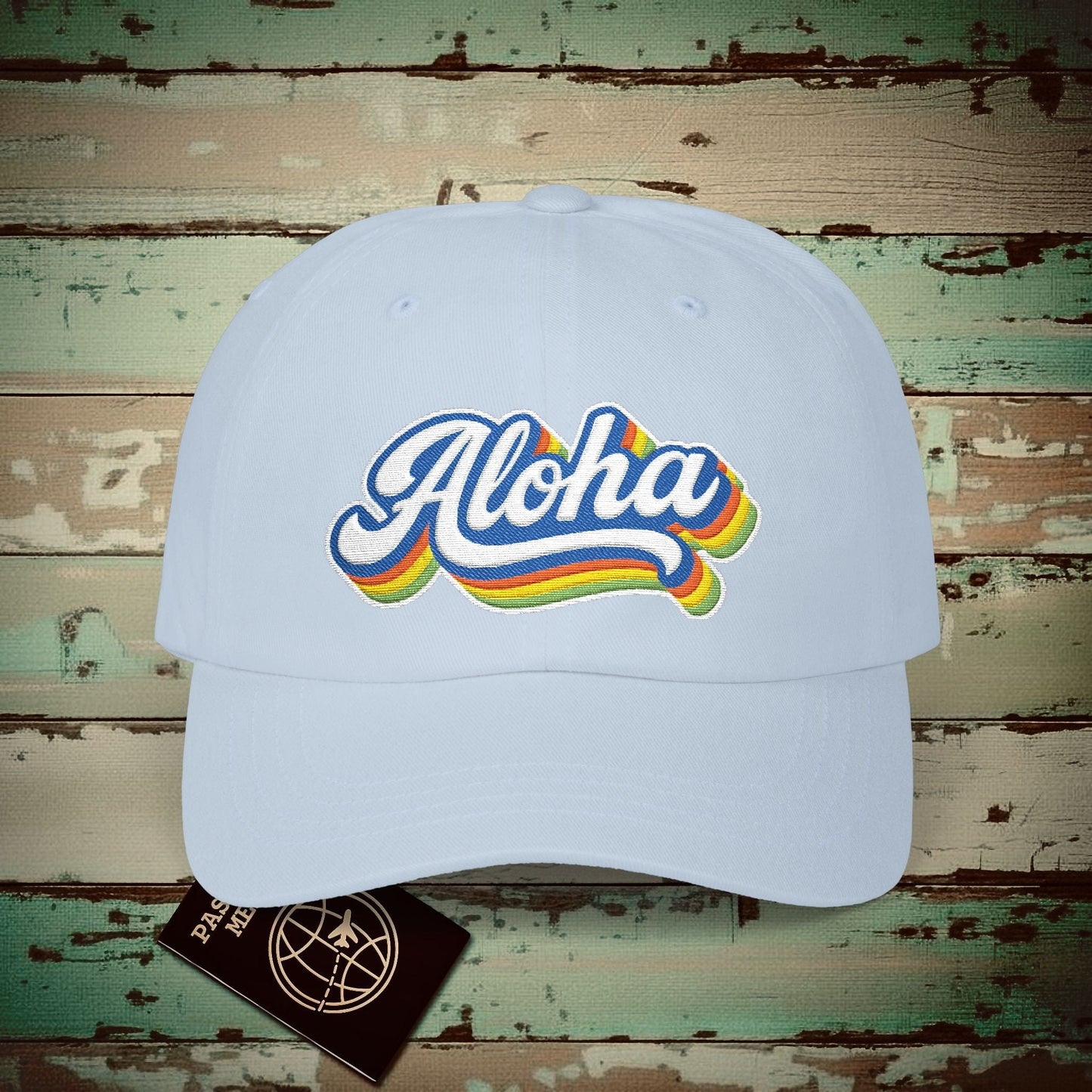 Classic 70s, Aloha, Hawaii Embroidered Hat Light Blue / One size