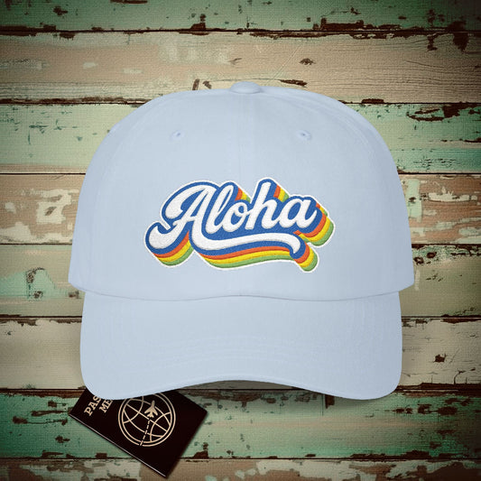 Classic 70s, Aloha, Hawaii Embroidered Hat Light Blue / One size