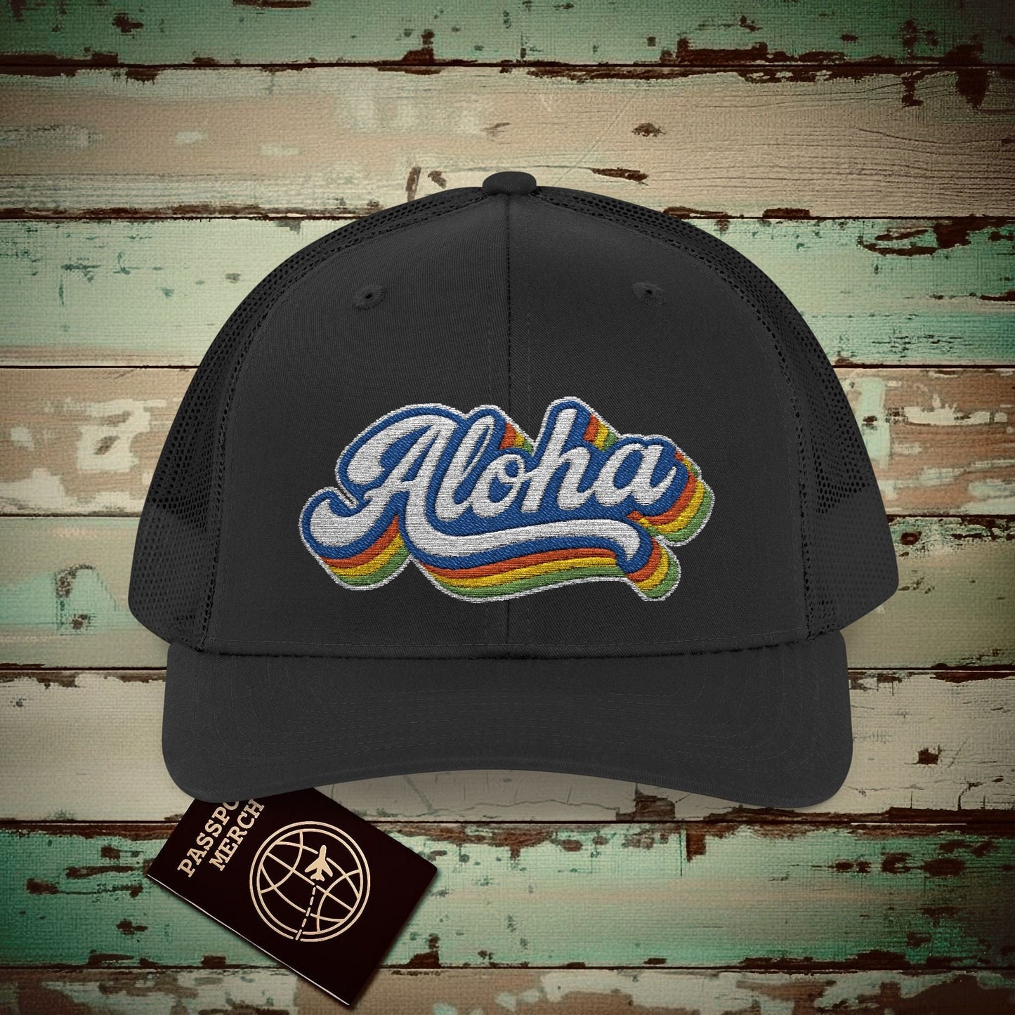 Classic 70s, Aloha, Hawaii Embroidered Trucker Hat Black / One size