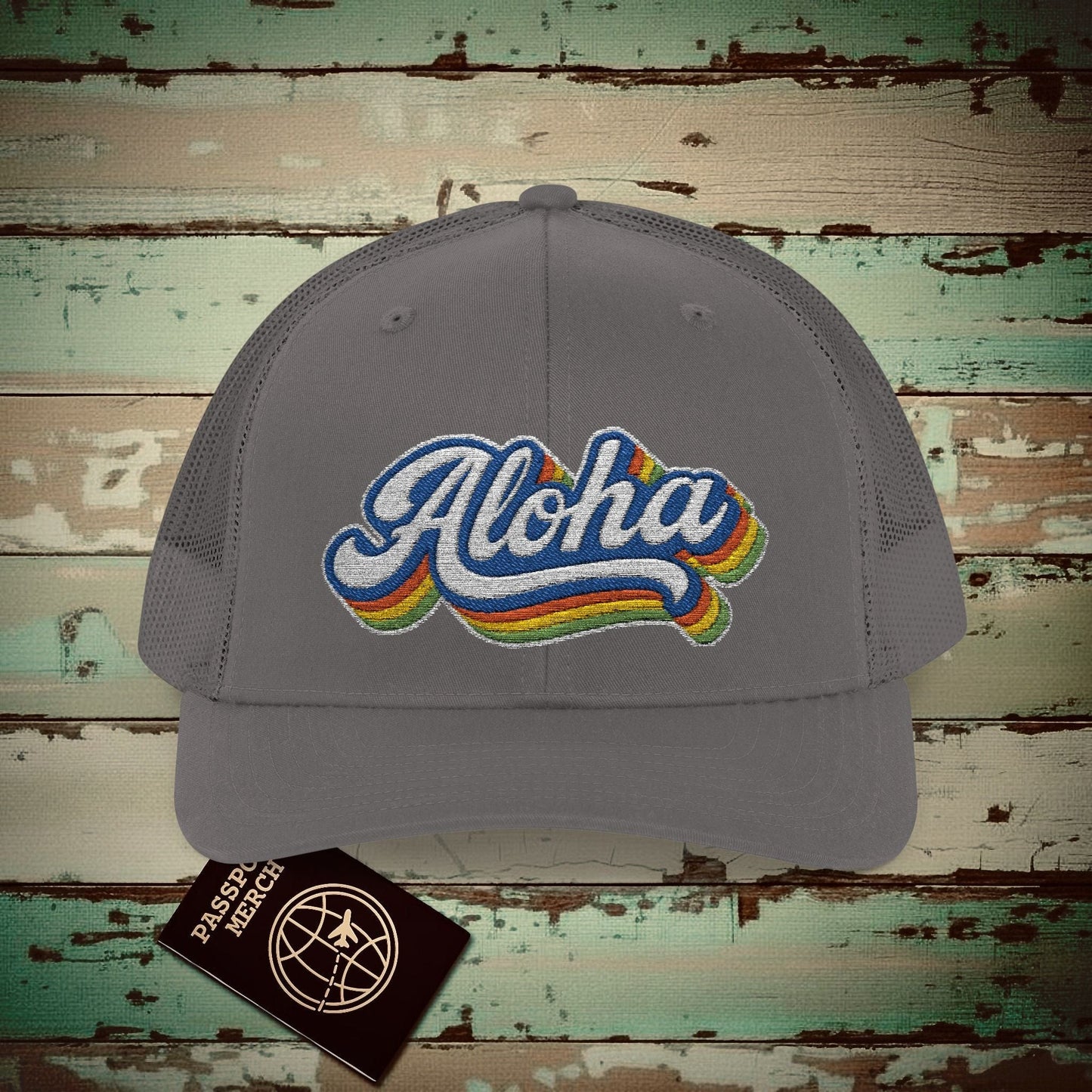 Classic 70s, Aloha, Hawaii Embroidered Trucker Hat Charcoal / One size