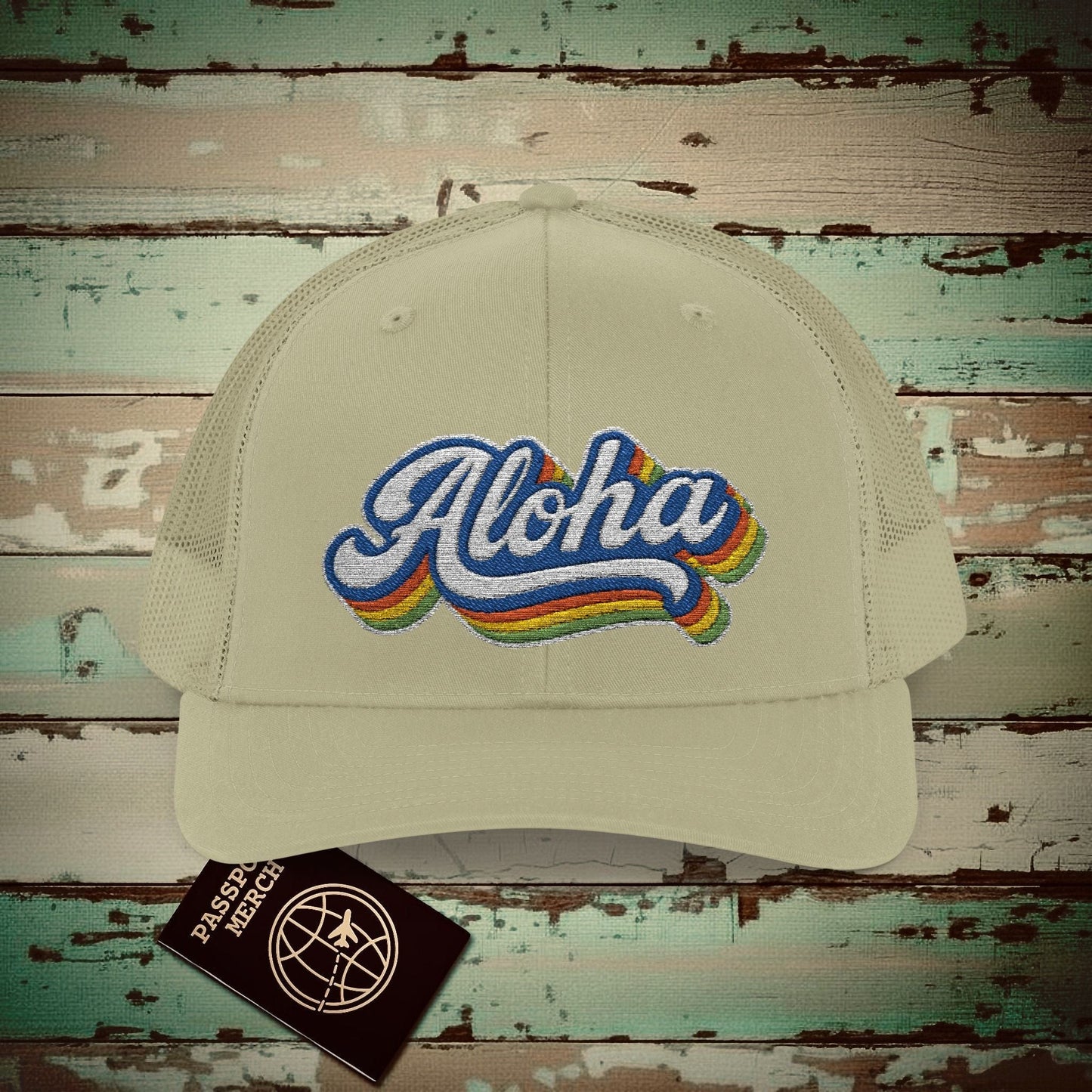 Classic 70s, Aloha, Hawaii Embroidered Trucker Hat Khaki / One size