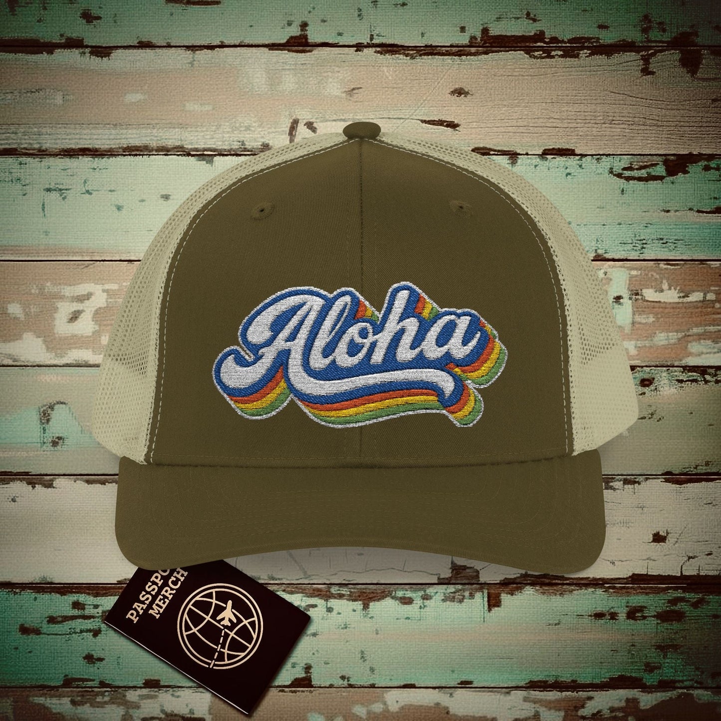 Classic 70s, Aloha, Hawaii Embroidered Trucker Hat Moss / Khaki / One size