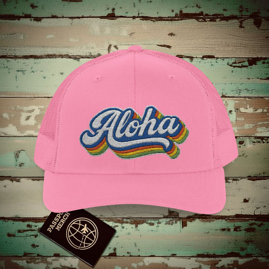 Classic 70s, Aloha, Hawaii Embroidered Trucker Hat Pink / One size
