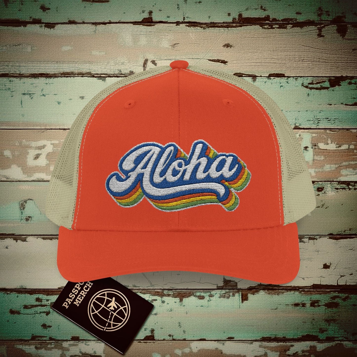 Classic 70s, Aloha, Hawaii Embroidered Trucker Hat Rustic Orange / Khaki / One size