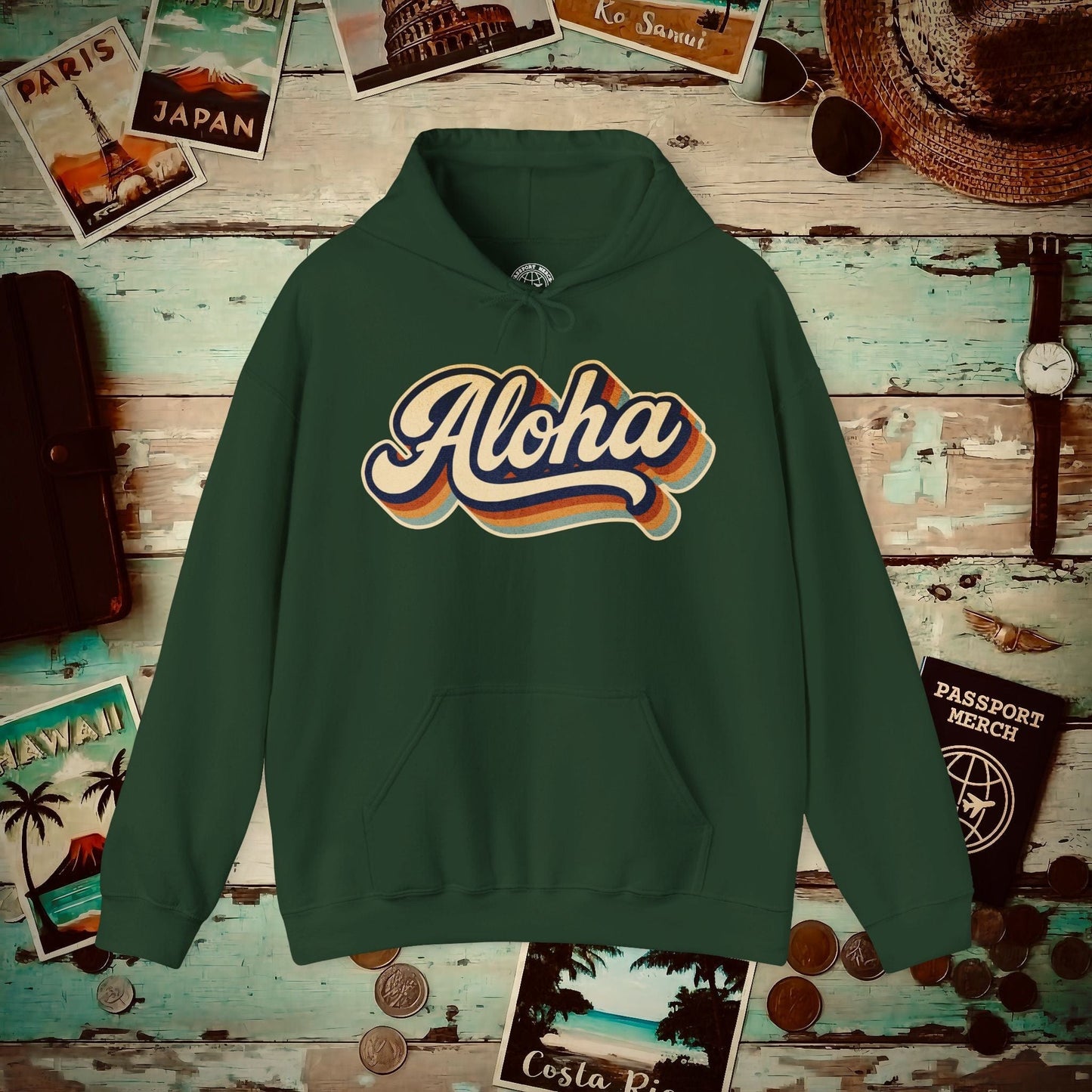 Classic 70s, Aloha, Hawaii Hoodie Forest Green / S