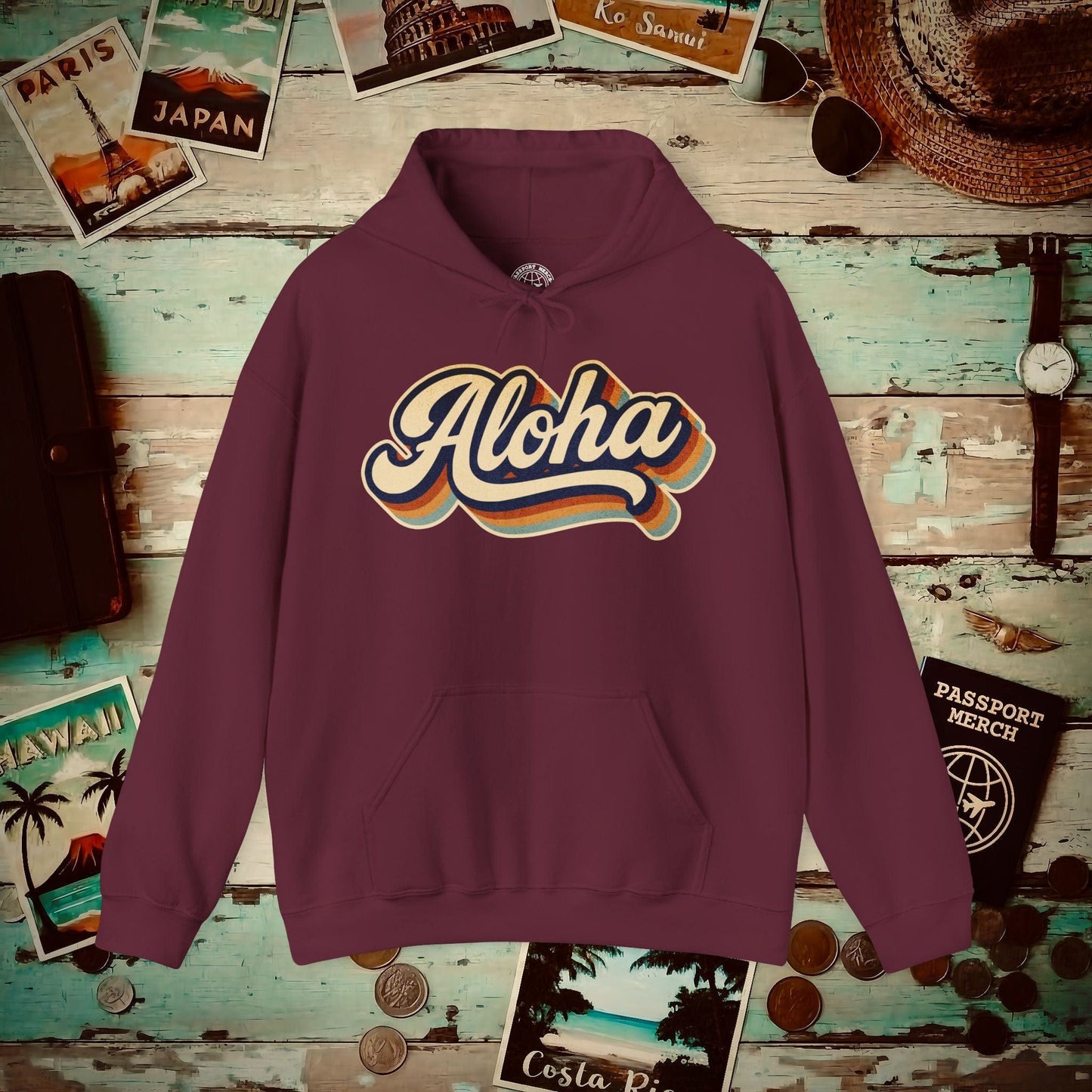 Classic 70s, Aloha, Hawaii Hoodie Maroon / S