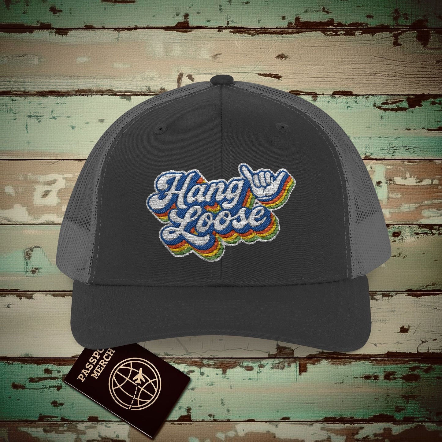 Classic 70s, Hang Loose, Hawaii Embroidered Trucker Hat Black / Charcoal / One size