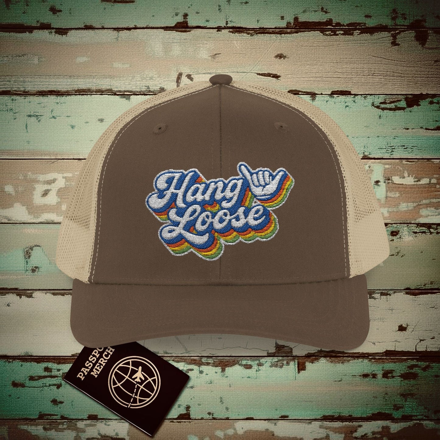 Classic 70s, Hang Loose, Hawaii Embroidered Trucker Hat Brown / Khaki / One size