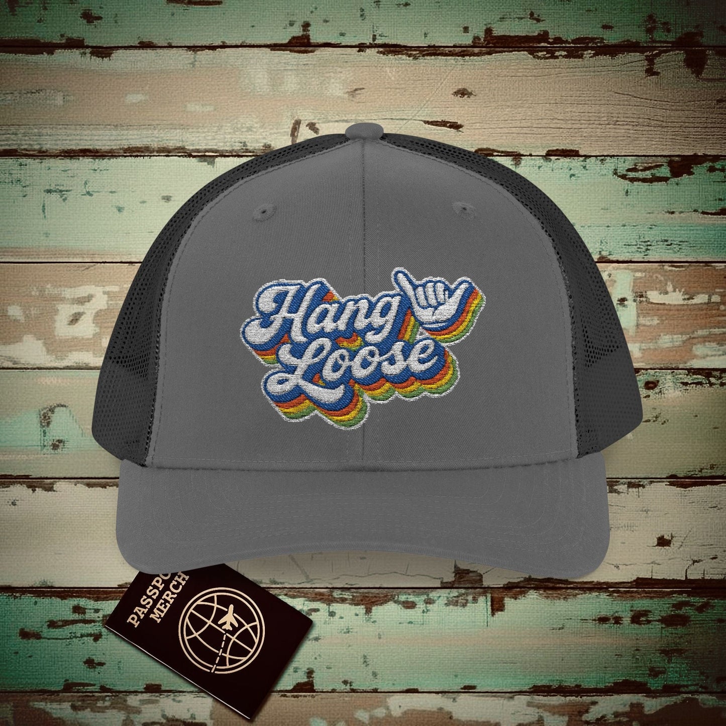 Classic 70s, Hang Loose, Hawaii Embroidered Trucker Hat Charcoal / Black / One size