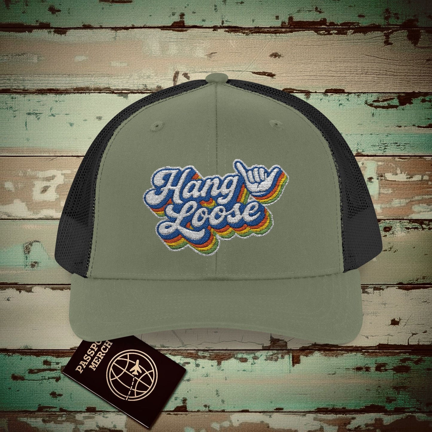 Classic 70s, Hang Loose, Hawaii Embroidered Trucker Hat Loden / Black / One size