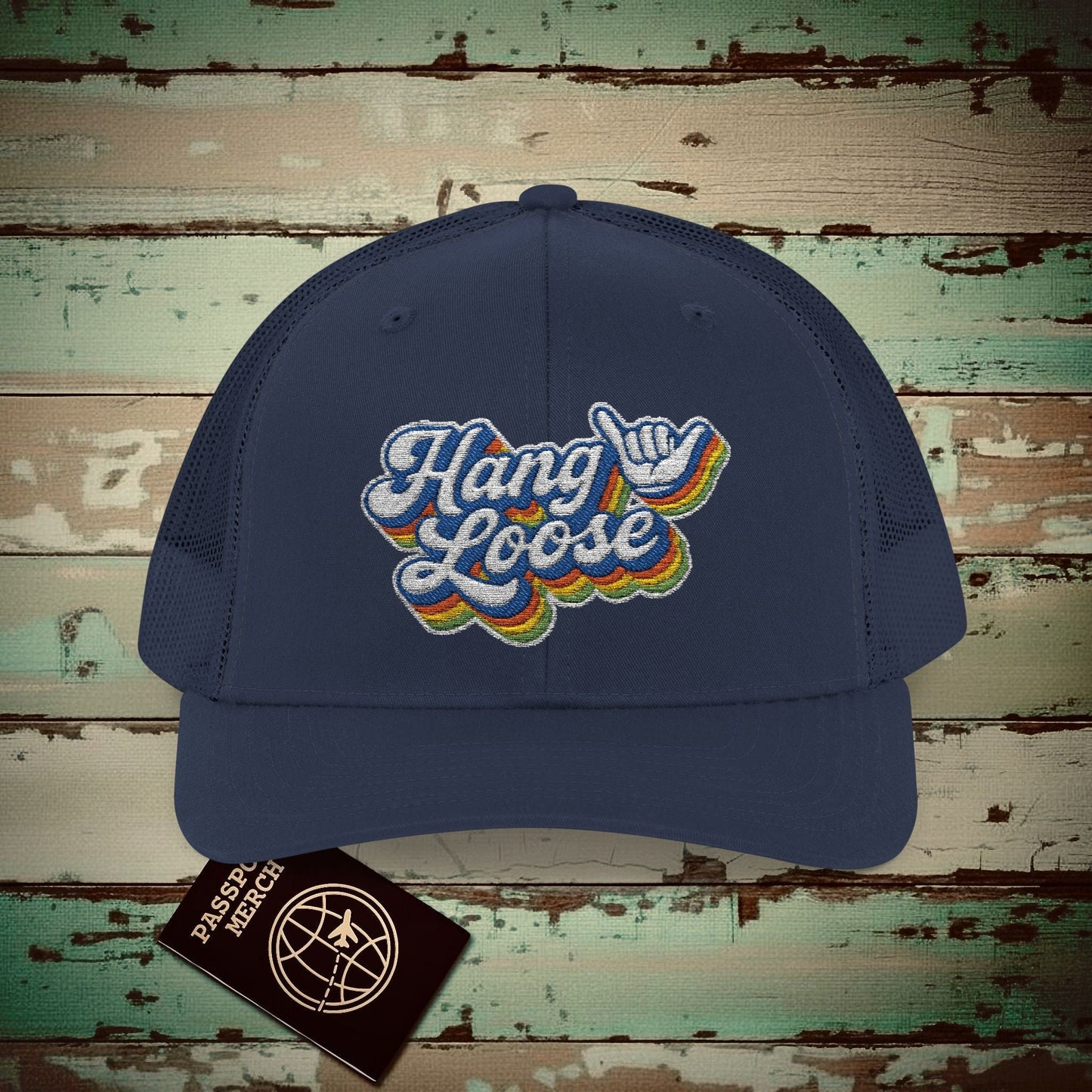 Classic 70s, Hang Loose, Hawaii Embroidered Trucker Hat Navy / One size
