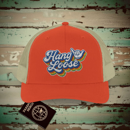 Classic 70s, Hang Loose, Hawaii Embroidered Trucker Hat Rustic Orange / Khaki / One size