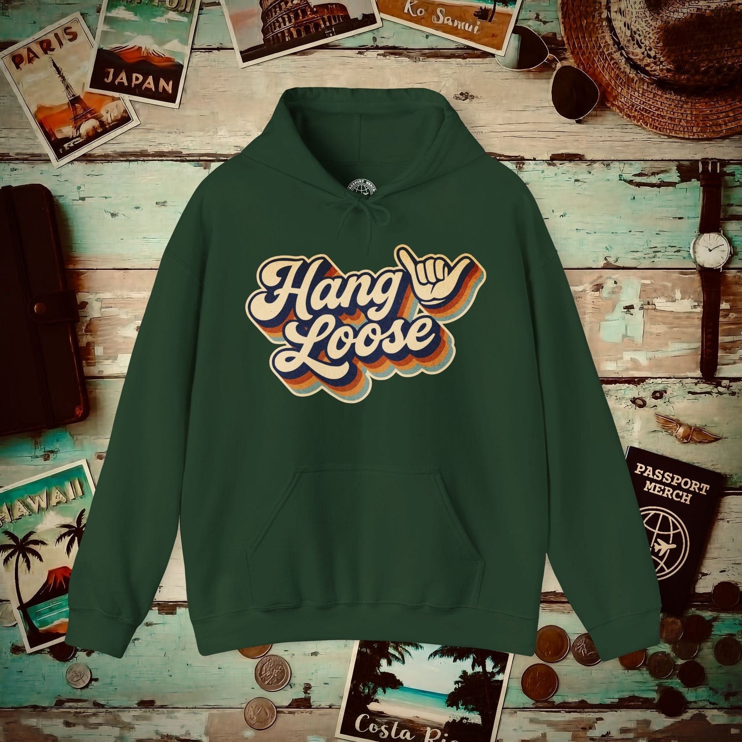 Classic 70s, Hang Loose, Hawaii Hoodie Forest Green / S