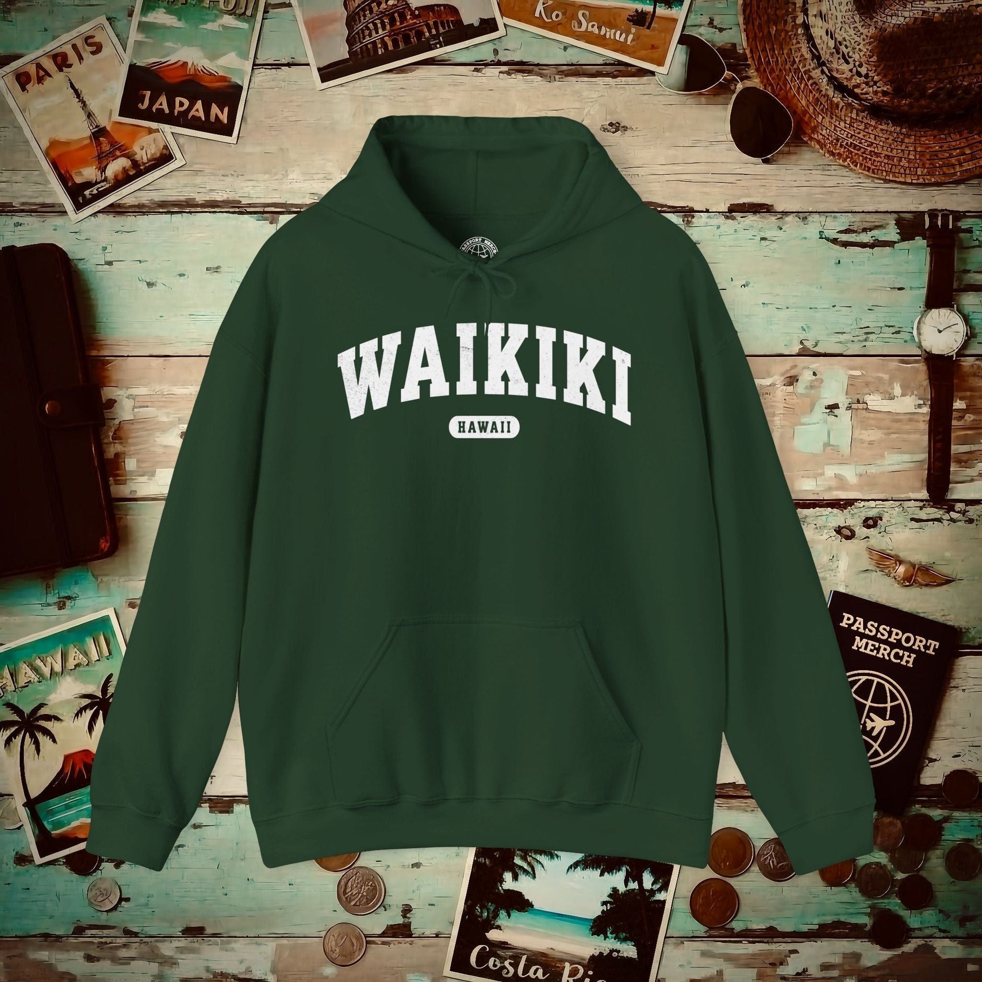 Classic Athletic (Bucket List Edition), Waikiki, Hawaii Hoodie Forest Green / S