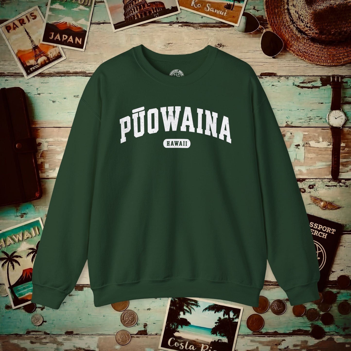 Classic Athletic, Puowaina, Hawaii (Fan Service) Crewneck Forest Green / S