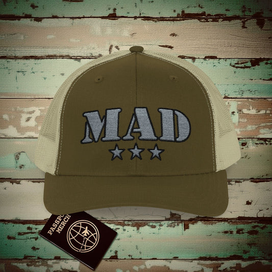 Classic Military, Barajas Madrid Spain Airport Code (MAD) Embroidered Trucker Hat Moss / Khaki / One size