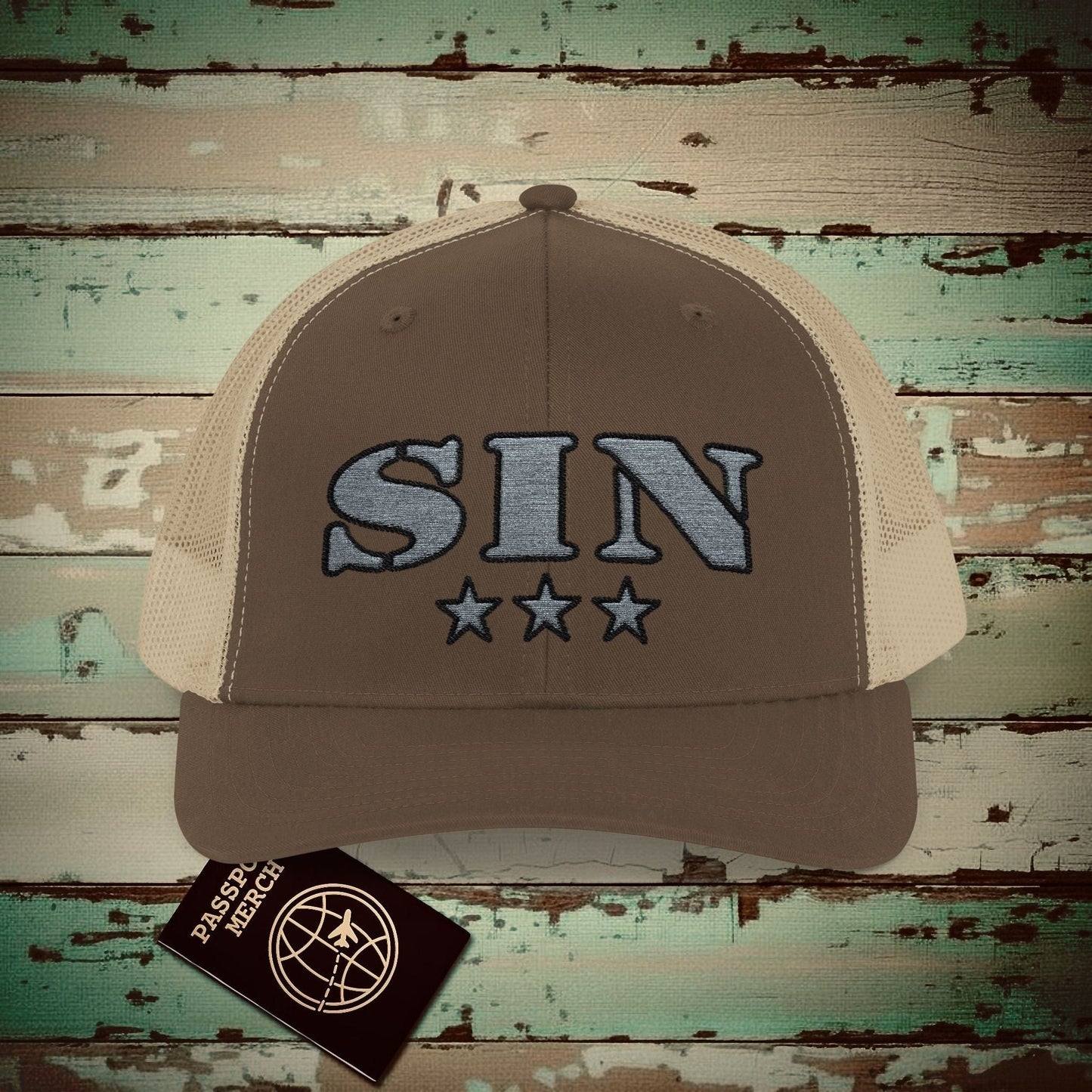 Classic Military, Changi Singapore Airport Code (SIN) Embroidered Trucker Hat Brown / Khaki / One size
