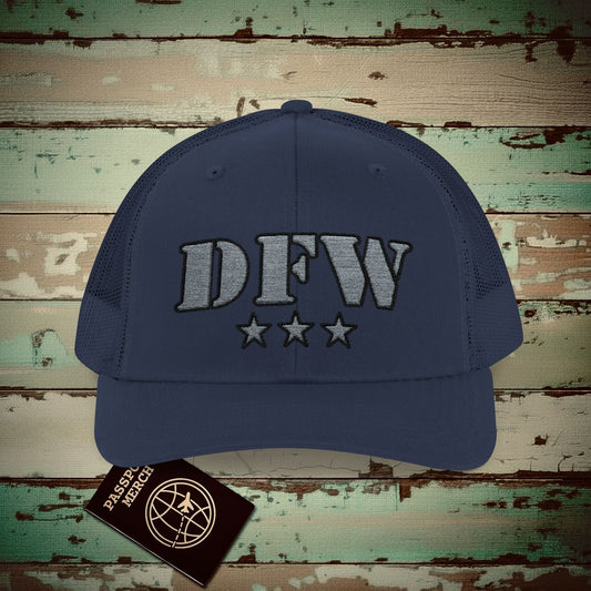 Classic Military, Dallas Fort Worth Texas Airport Code (DFW) Embroidered Trucker Hat Navy / One size