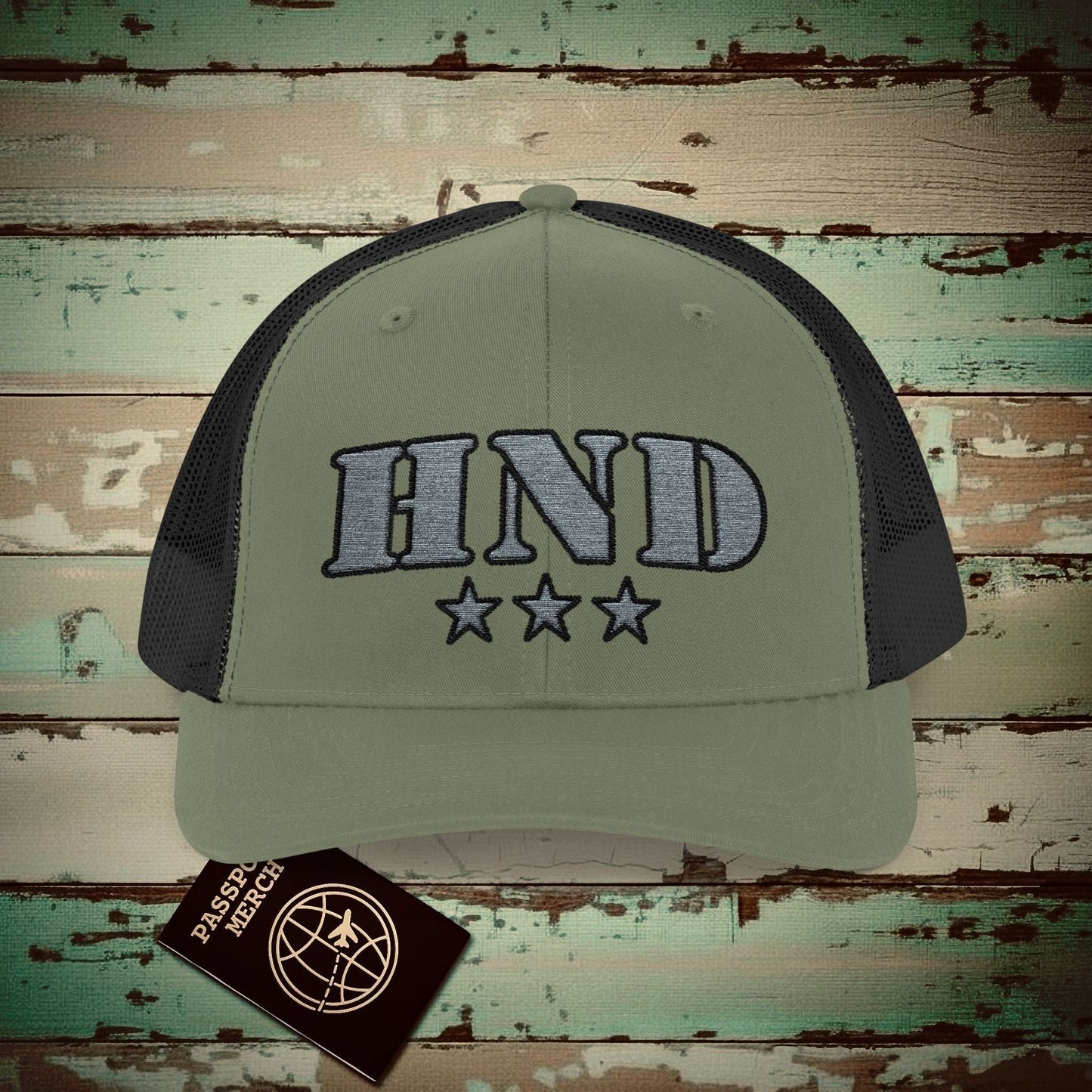 Classic Military, Haneda Tokyo Japan Airport Code (HND) Embroidered Trucker Hat Loden / Black / One size