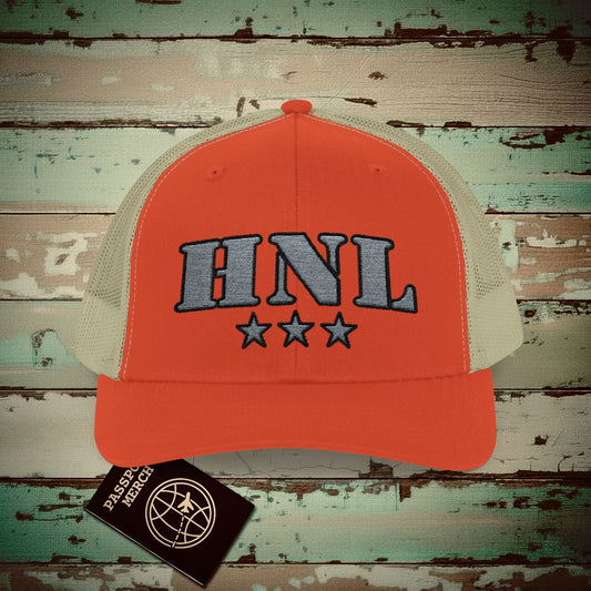 Classic Military, Honolulu Hawaii Airport Code (HNL) Embroidered Trucker Hat Rustic Orange / Khaki / One size