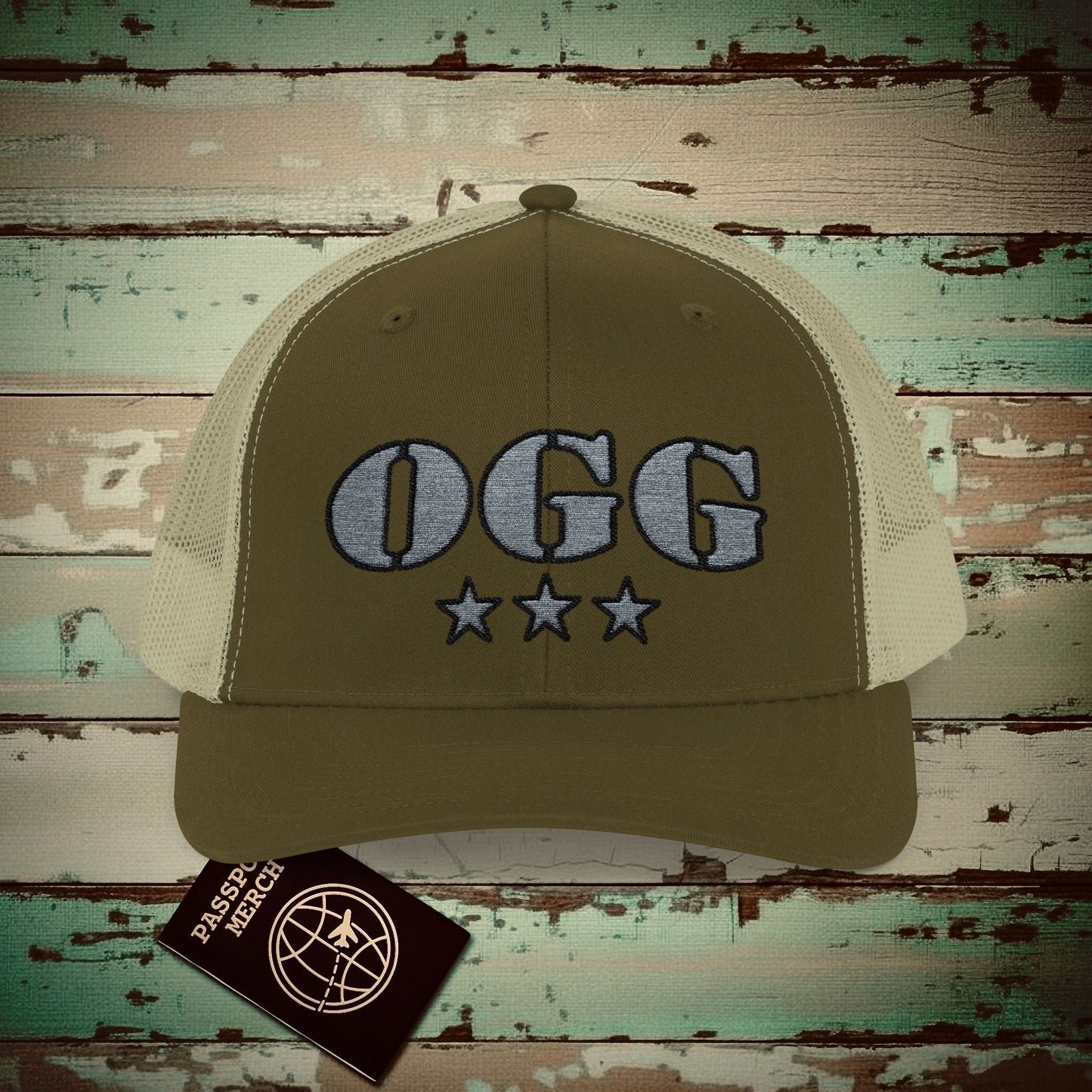 Classic Military, Kahului Hawaii Airport Code (OGG) Embroidered Trucker Hat Moss / Khaki / One size