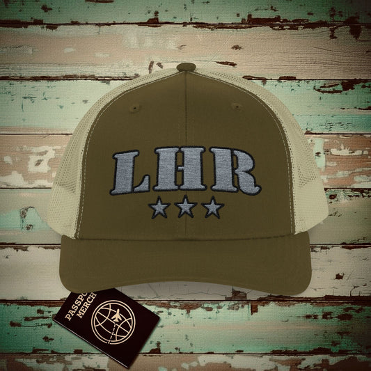 Classic Military, London Heathrow England Airport Code (LHR) Embroidered Trucker Hat Moss / Khaki / One size