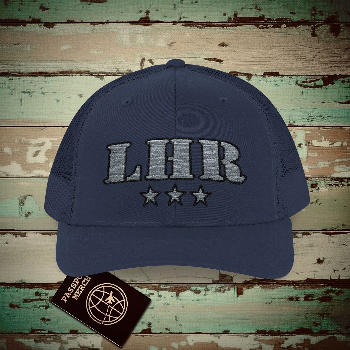 Classic Military, London Heathrow England Airport Code (LHR) Embroidered Trucker Hat Navy / One size