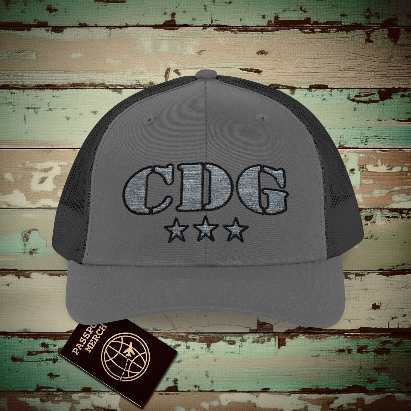 Classic Military, Paris Charles de Gaulle France Airport Code (CDG) Embroidered Trucker Hat Charcoal / Black / One size