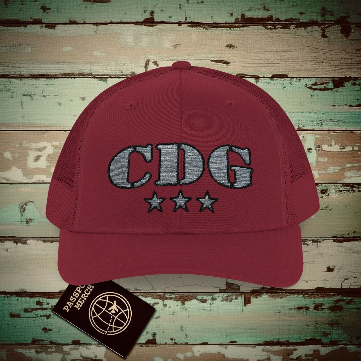 Classic Military, Paris Charles de Gaulle France Airport Code (CDG) Embroidered Trucker Hat Cranberry / One size