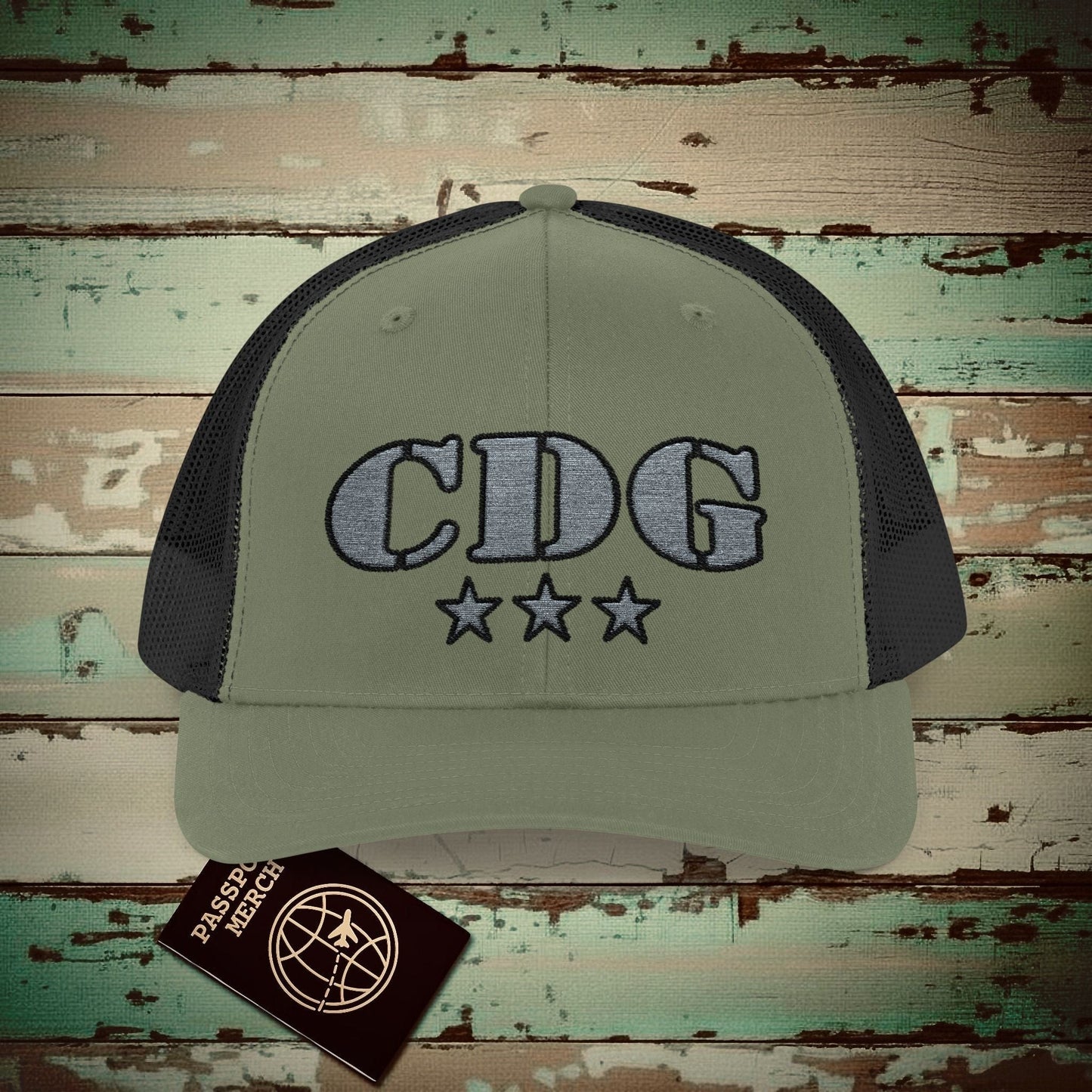 Classic Military, Paris Charles de Gaulle France Airport Code (CDG) Embroidered Trucker Hat Loden / Black / One size
