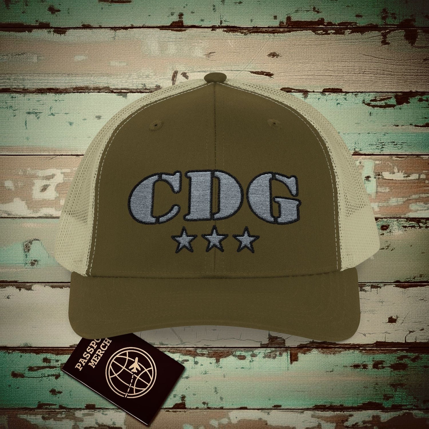 Classic Military, Paris Charles de Gaulle France Airport Code (CDG) Embroidered Trucker Hat Moss / Khaki / One size