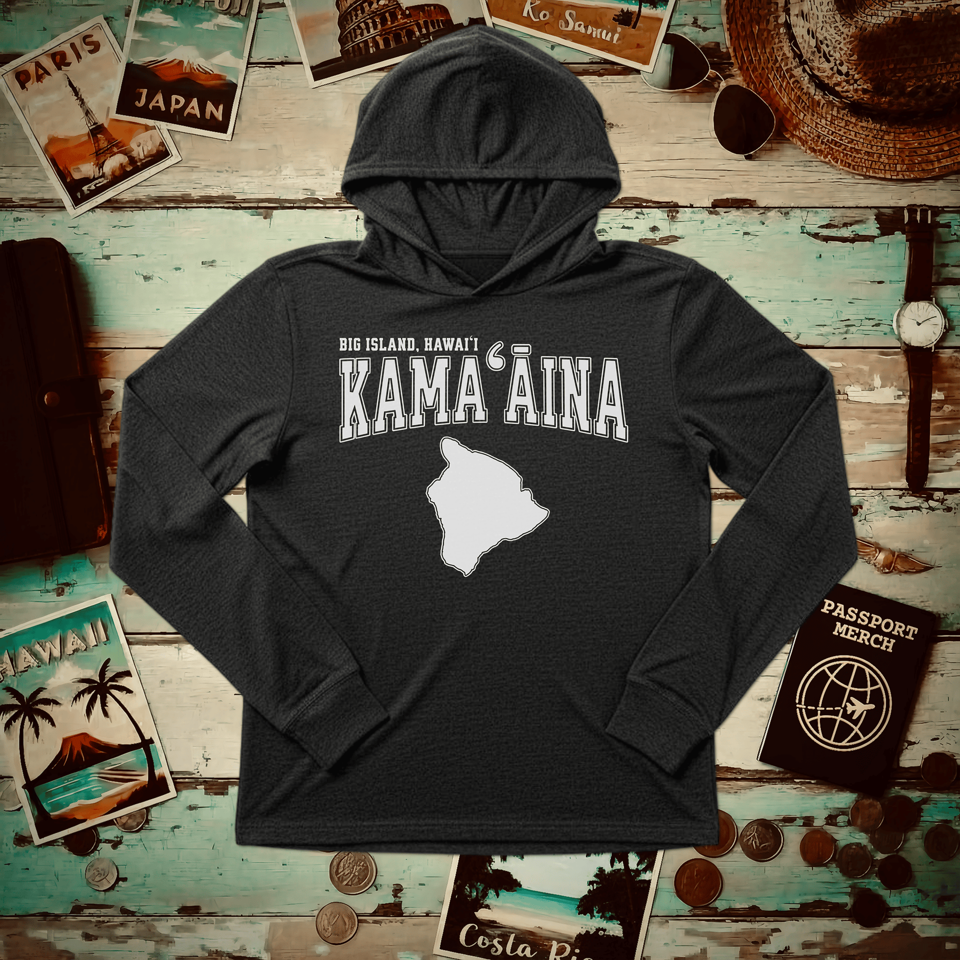 Classic University (Kamaaina Edition), Big Island, Hawaii Hooded Long Sleeve Charcoal Black TriBlend / XS