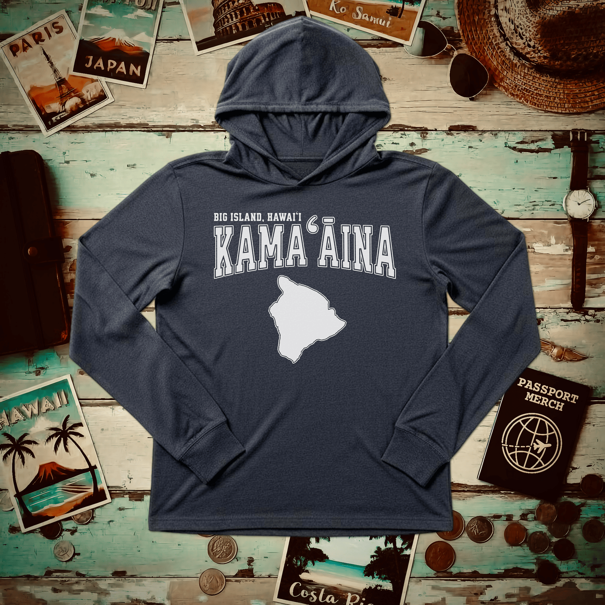 Classic University (Kamaaina Edition), Big Island, Hawaii Hooded Long Sleeve Heather Navy / XS
