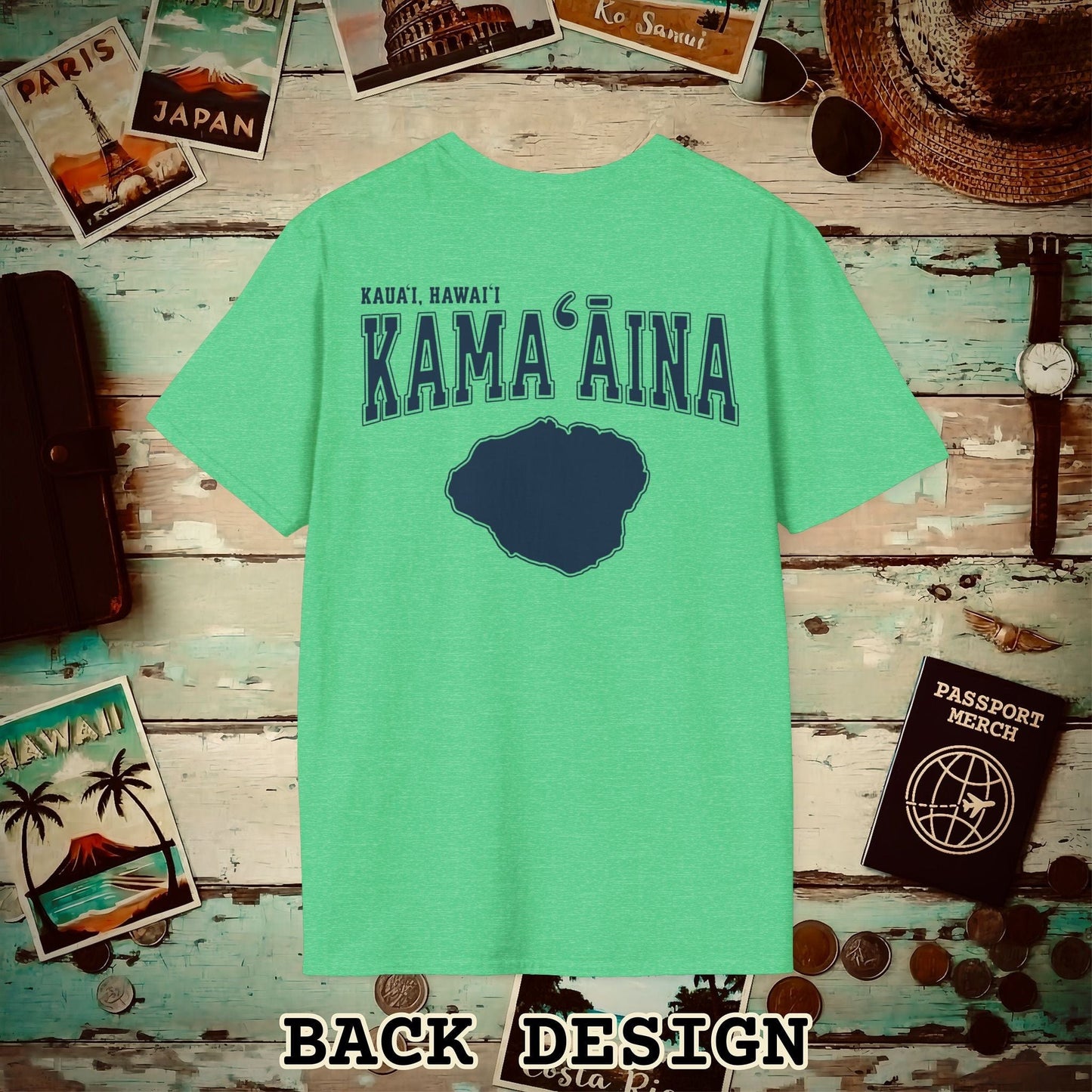 Classic University (Kamaaina Edition), Kauai, Hawaii Back Print T-Shirt Heather Irish Green / S