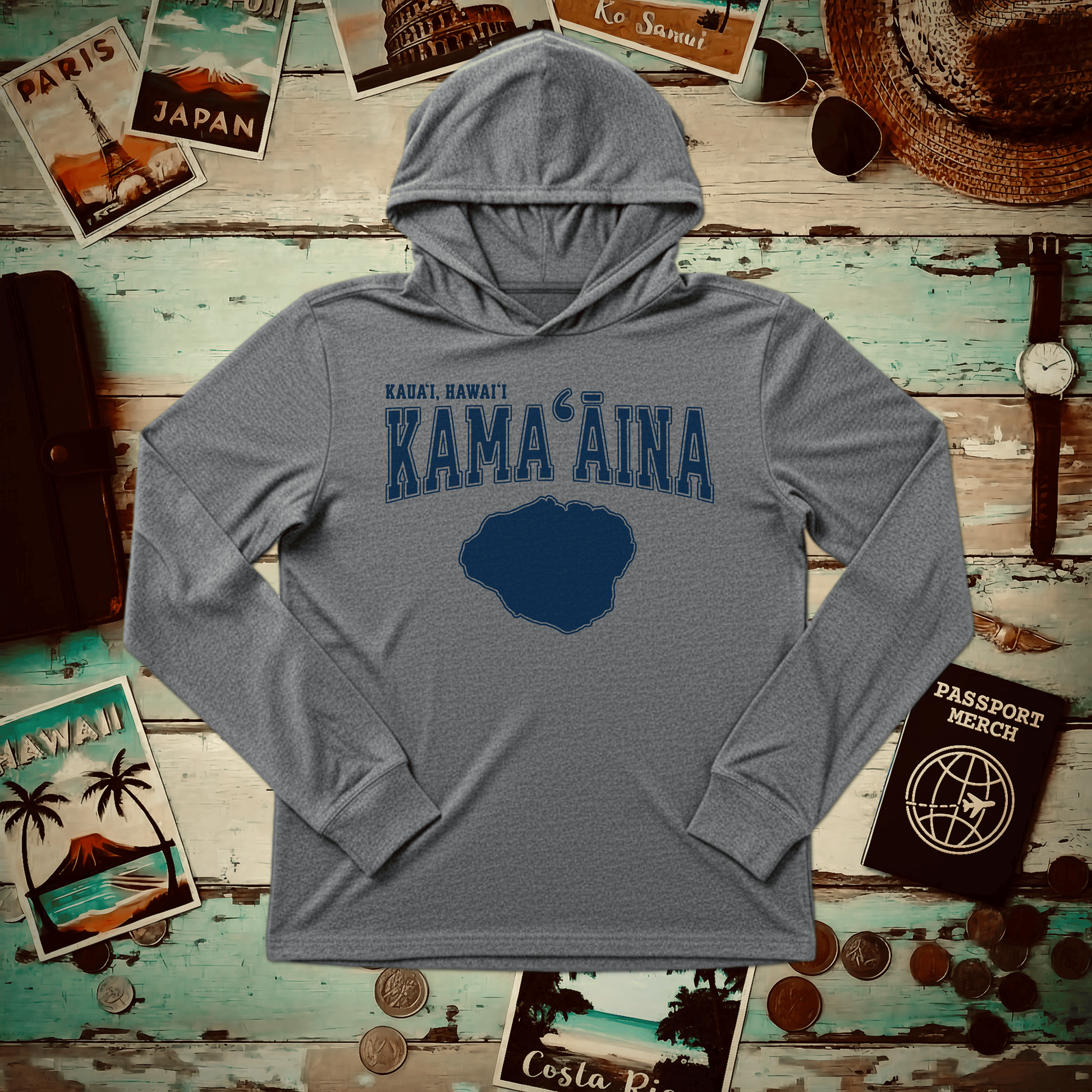 Classic University (Kamaaina Edition), Kauai, Hawaii Hooded Long Sleeve Grey TriBlend / XS
