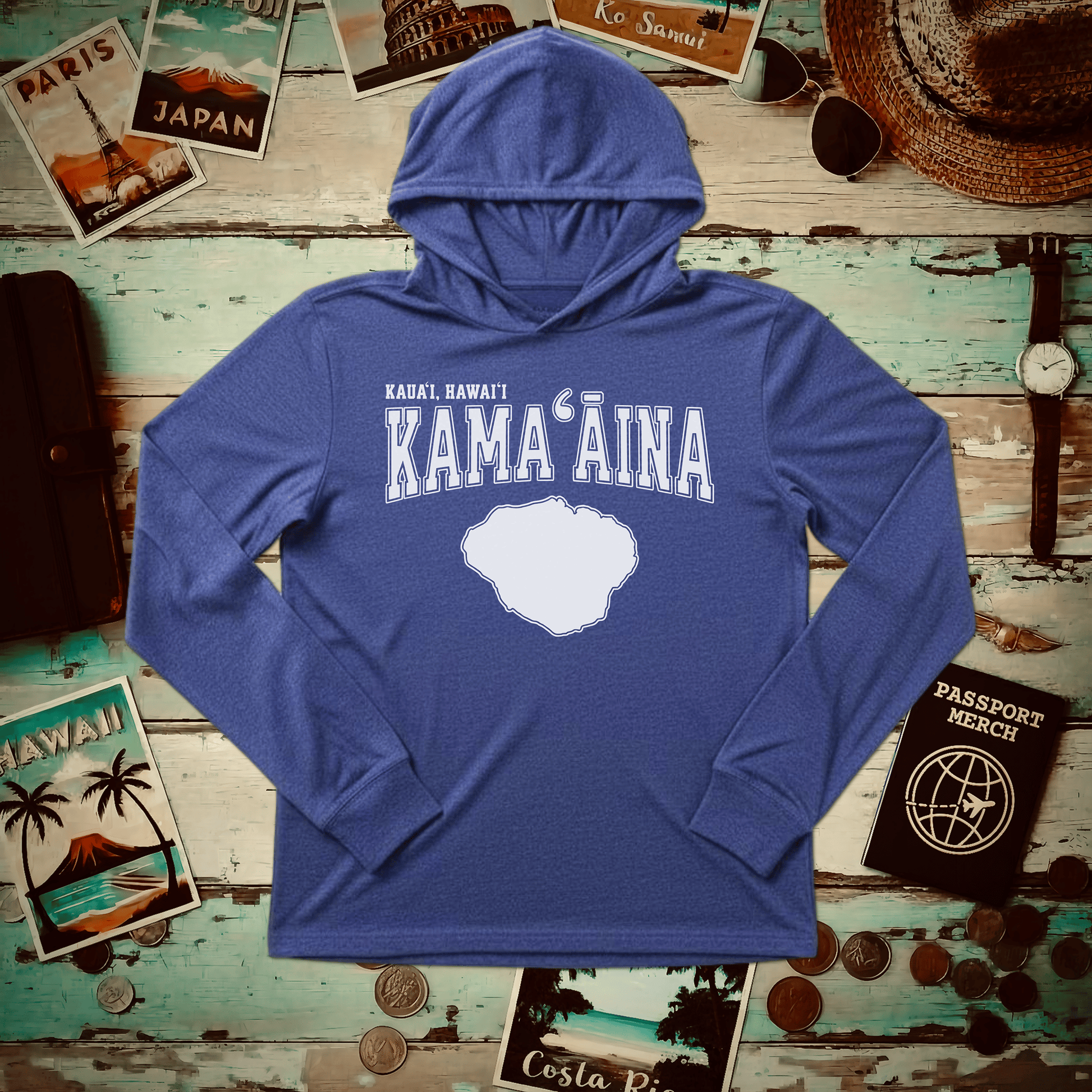 Classic University (Kamaaina Edition), Kauai, Hawaii Hooded Long Sleeve Heather True Royal / XS