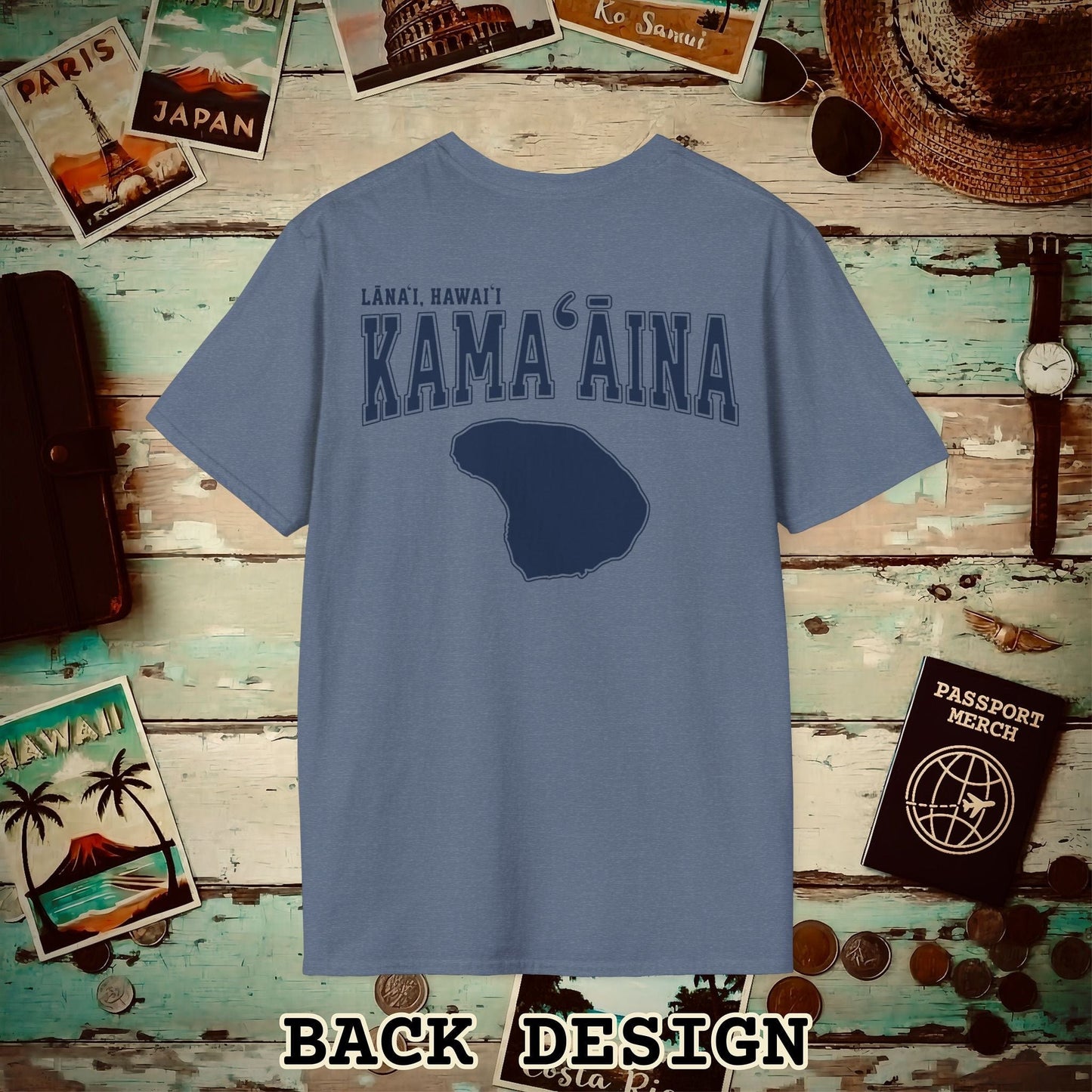 Classic University (Kamaaina Edition), Lanai, Hawaii Back Print T-Shirt Heather Indigo / S
