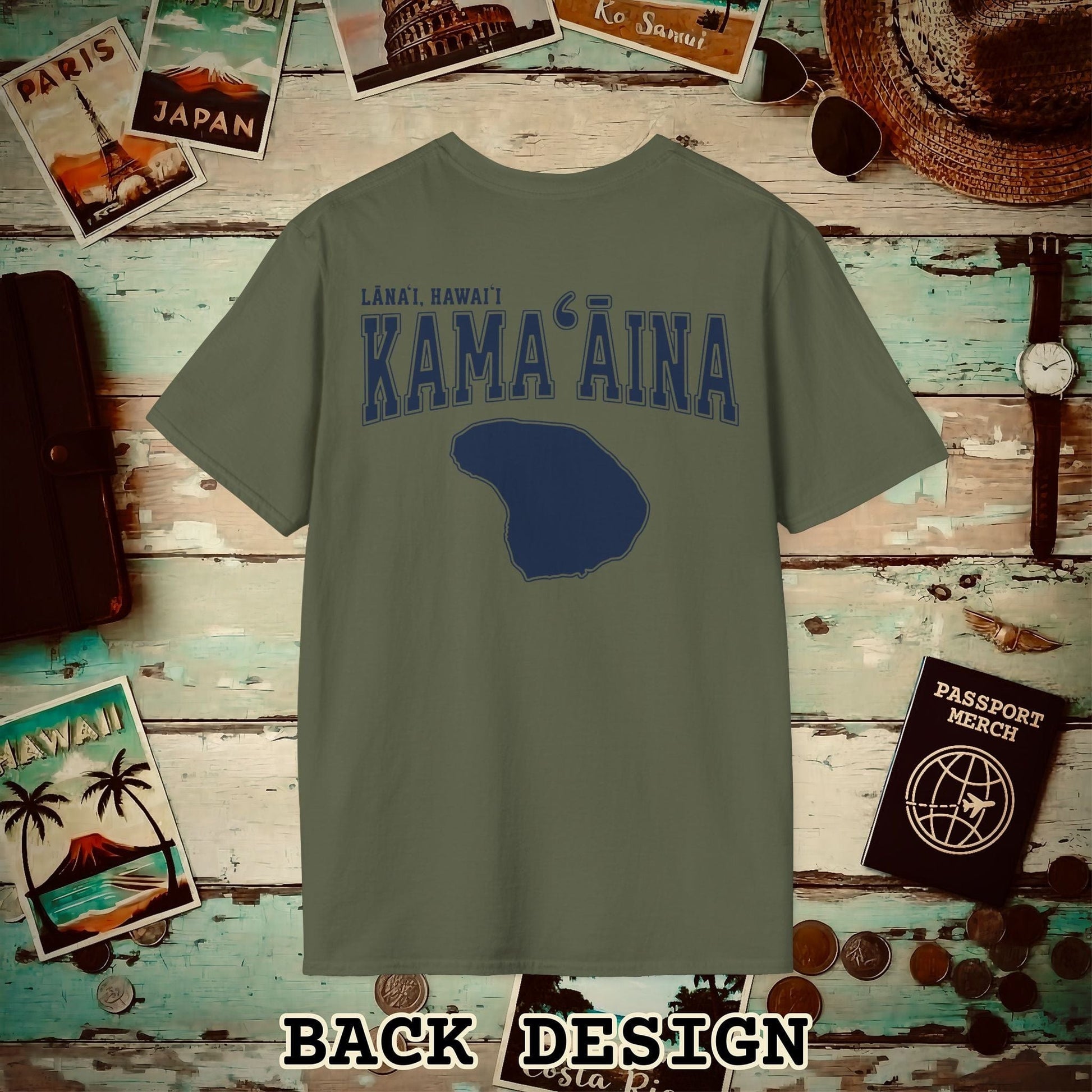 Classic University (Kamaaina Edition), Lanai, Hawaii Back Print T-Shirt Military Green / S
