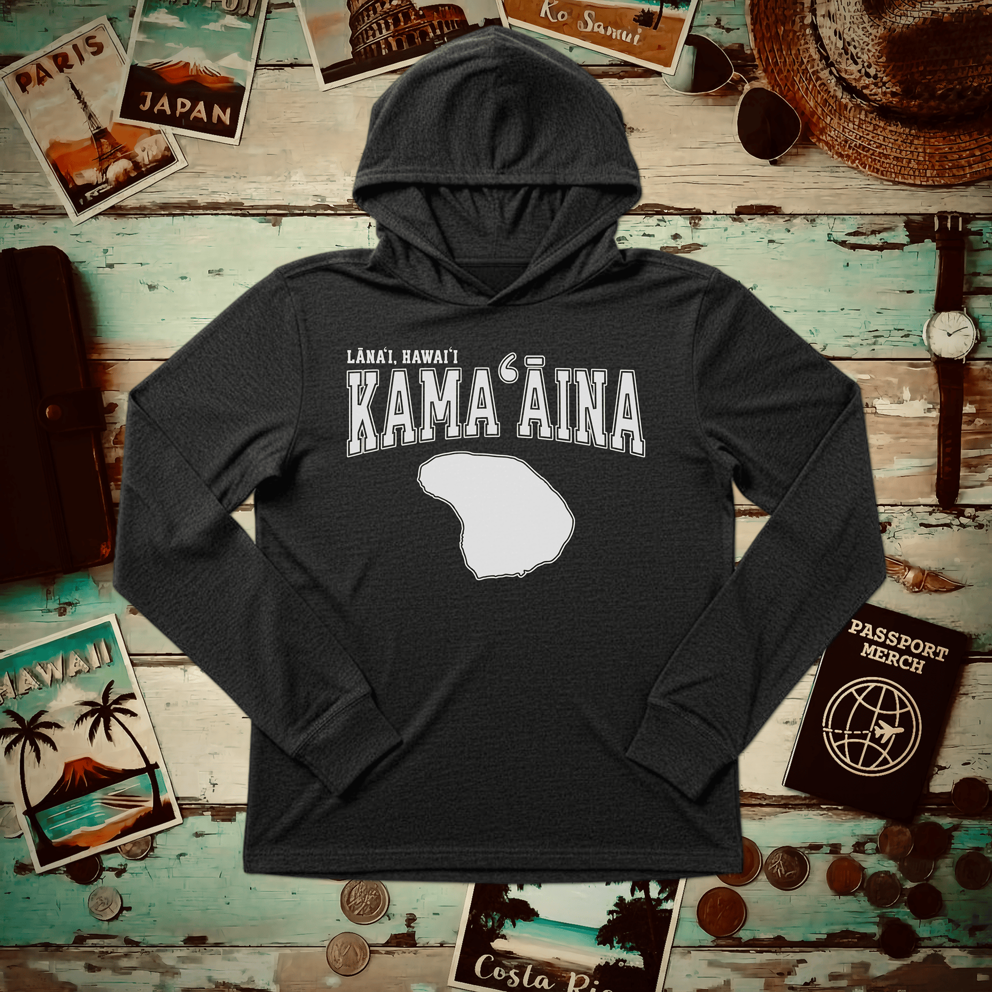 Classic University (Kamaaina Edition), Lanai, Hawaii Hooded Long Sleeve Charcoal Black TriBlend / XS
