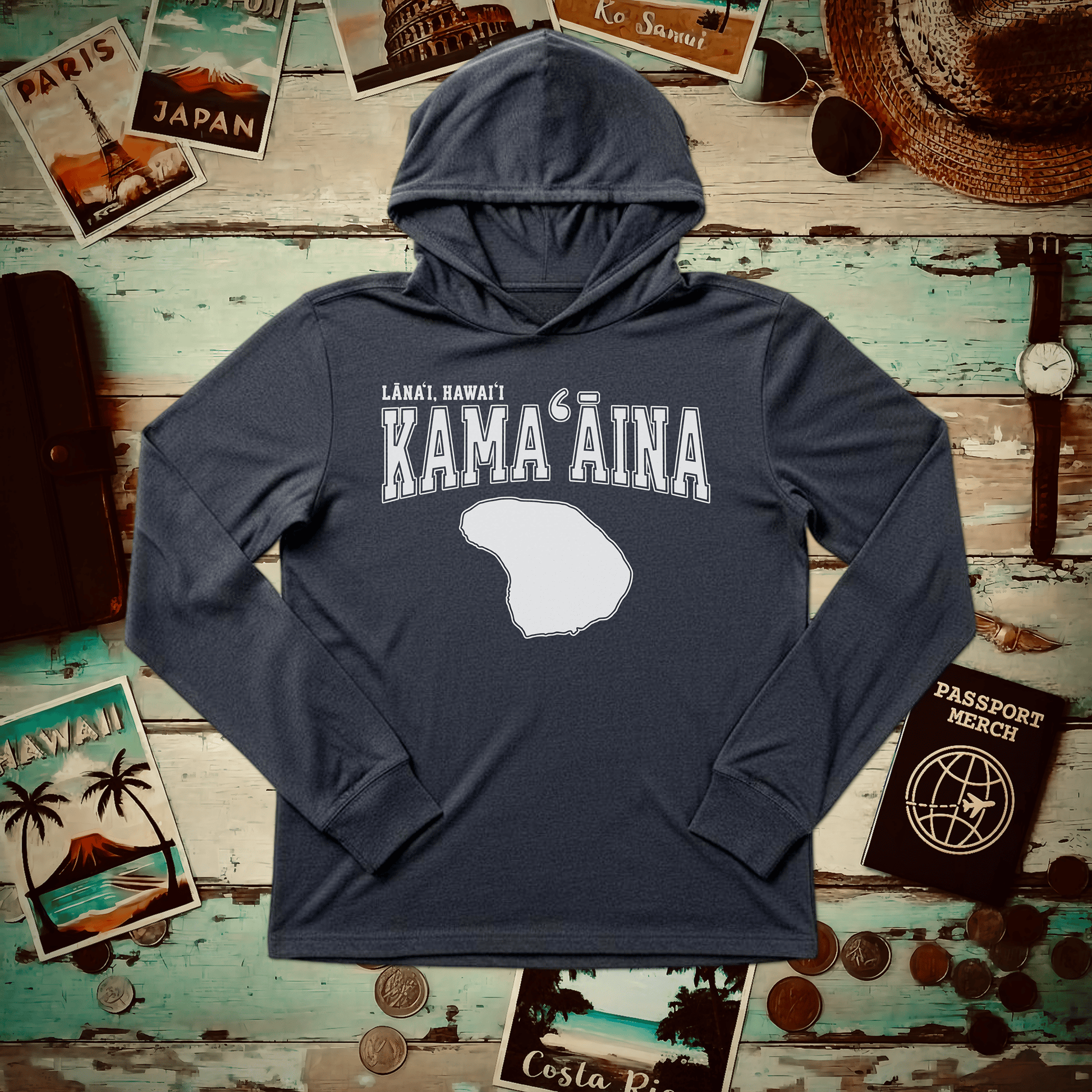 Classic University (Kamaaina Edition), Lanai, Hawaii Hooded Long Sleeve Heather Navy / XS
