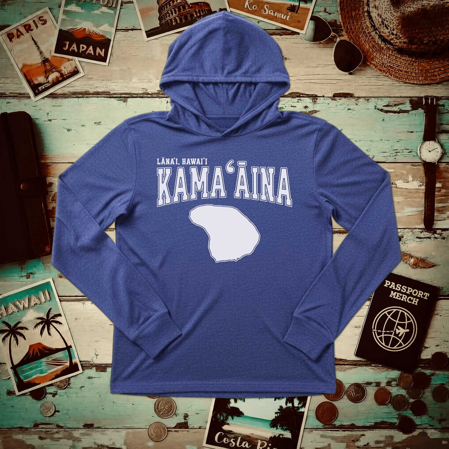Classic University (Kamaaina Edition), Lanai, Hawaii Hooded Long Sleeve Heather True Royal / XS